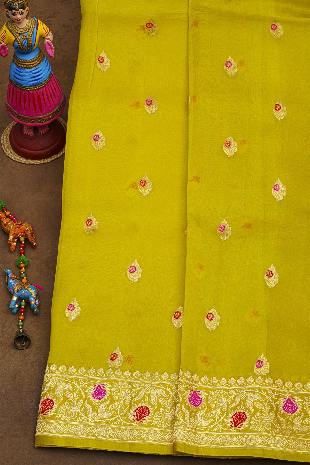 Fancy Kora Light Green Saree With Floral Buttis Body