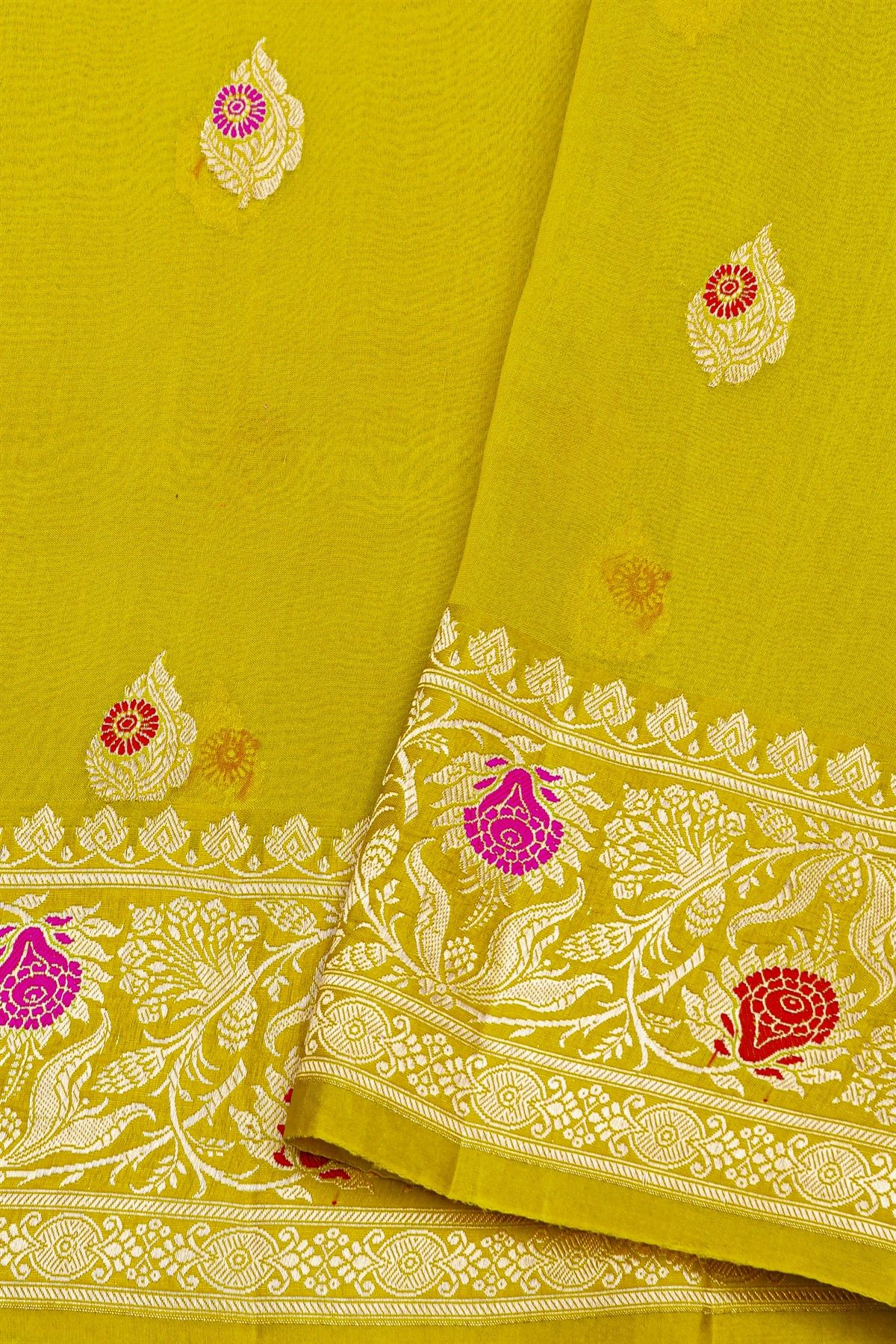 Fancy Kora Light Green Saree With Floral Buttis Body