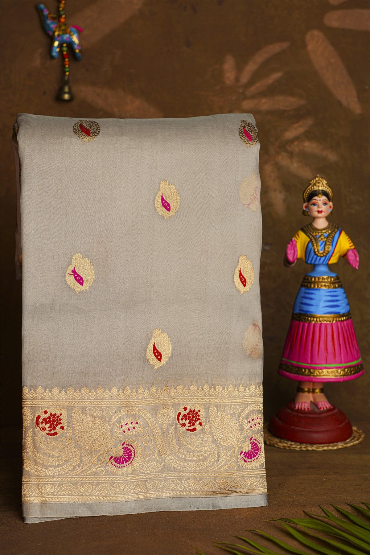 Fancy Kora Grey Saree With Floral Buttis Body