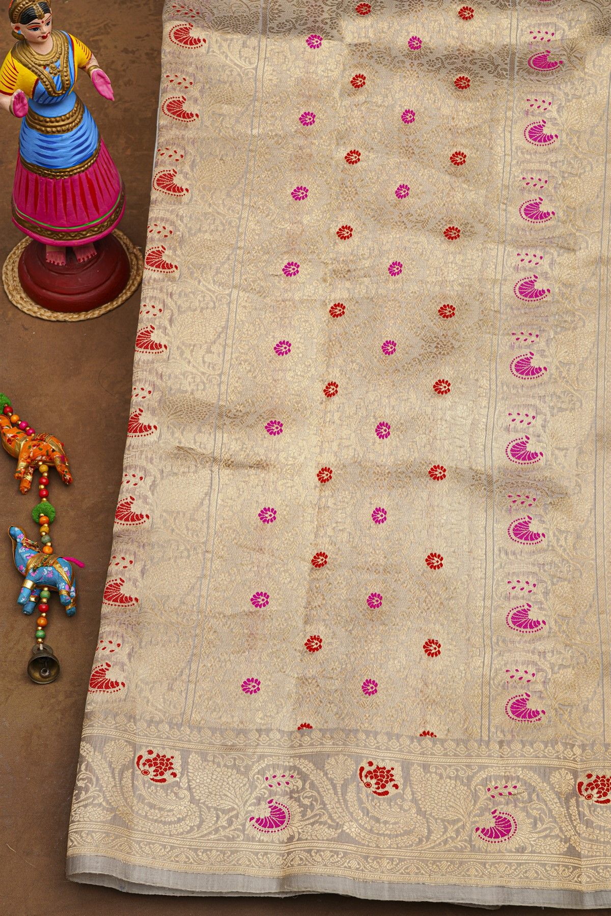 Fancy Kora Grey Saree With Floral Buttis Body