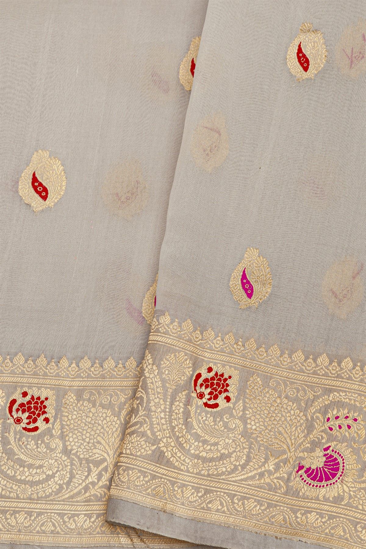 Fancy Kora Grey Saree With Floral Buttis Body