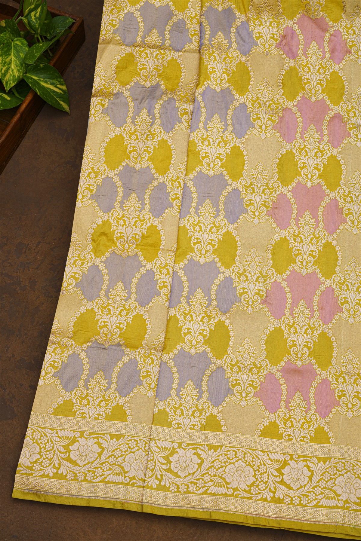 Banarasi Silk Yellow Saree With All Over Meenakari Weave