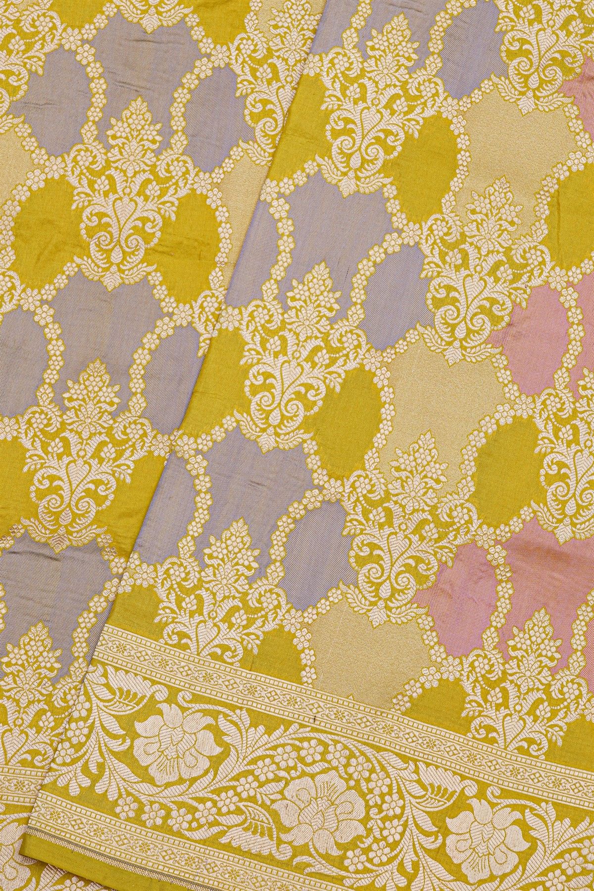Banarasi Silk Yellow Saree With All Over Meenakari Weave