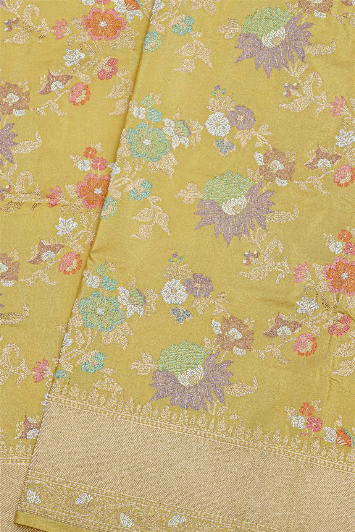 Banarasi Silk Pale Yellow Saree With Cross Lines Florals And Jaal Border