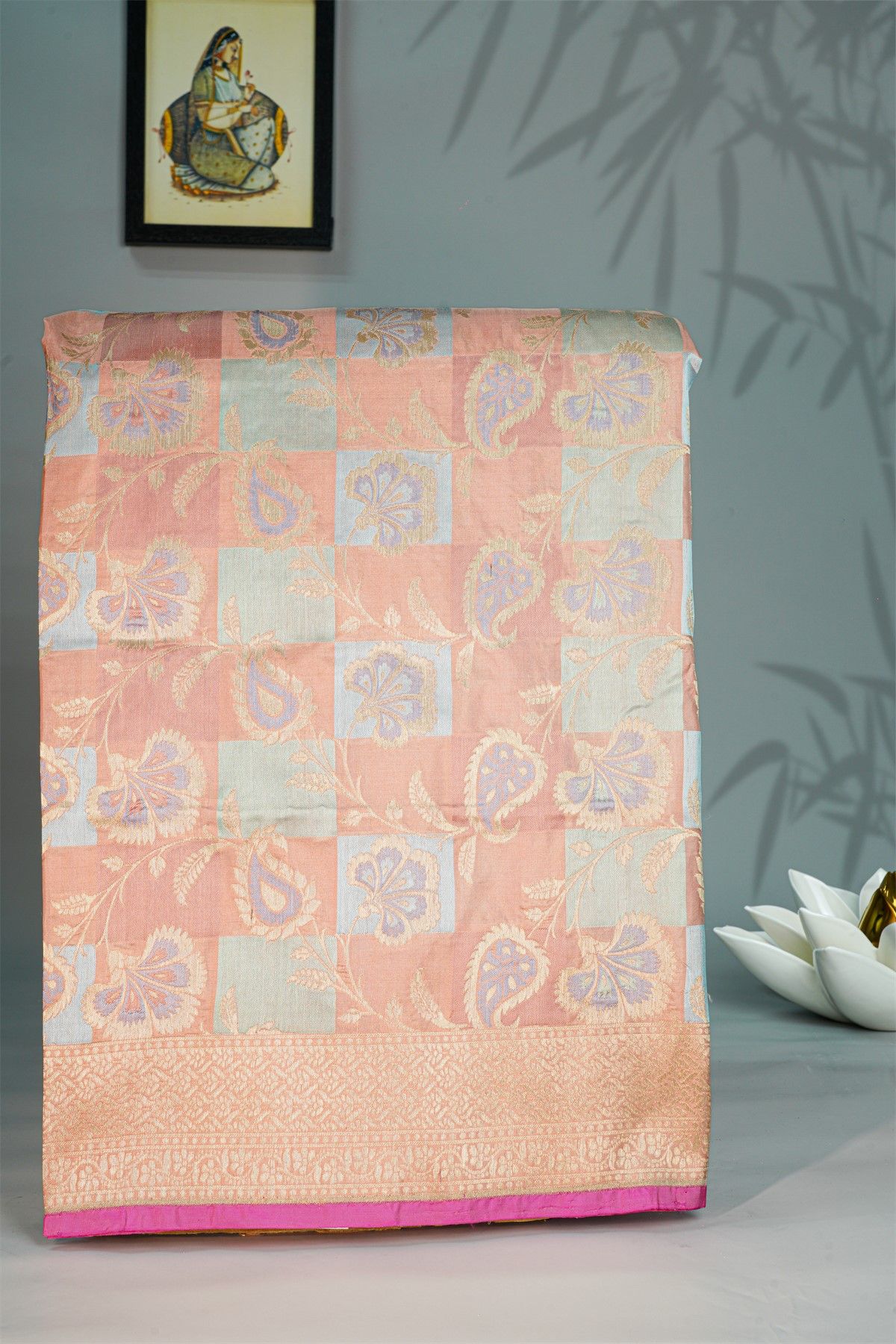 Banarasi Silk Baby Pink Saree With Florals And Leaves Body