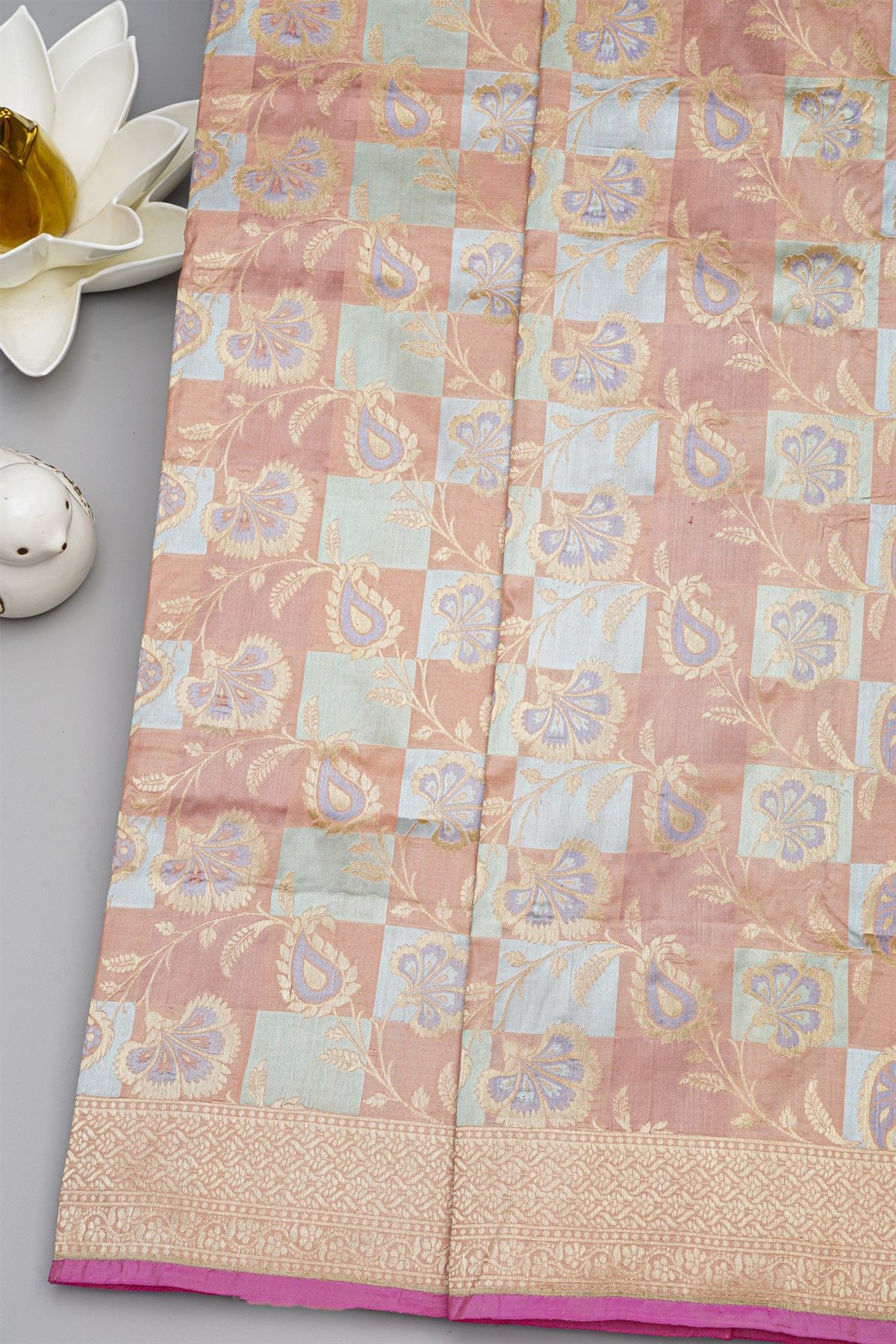 Banarasi Silk Baby Pink Saree With Florals And Leaves Body