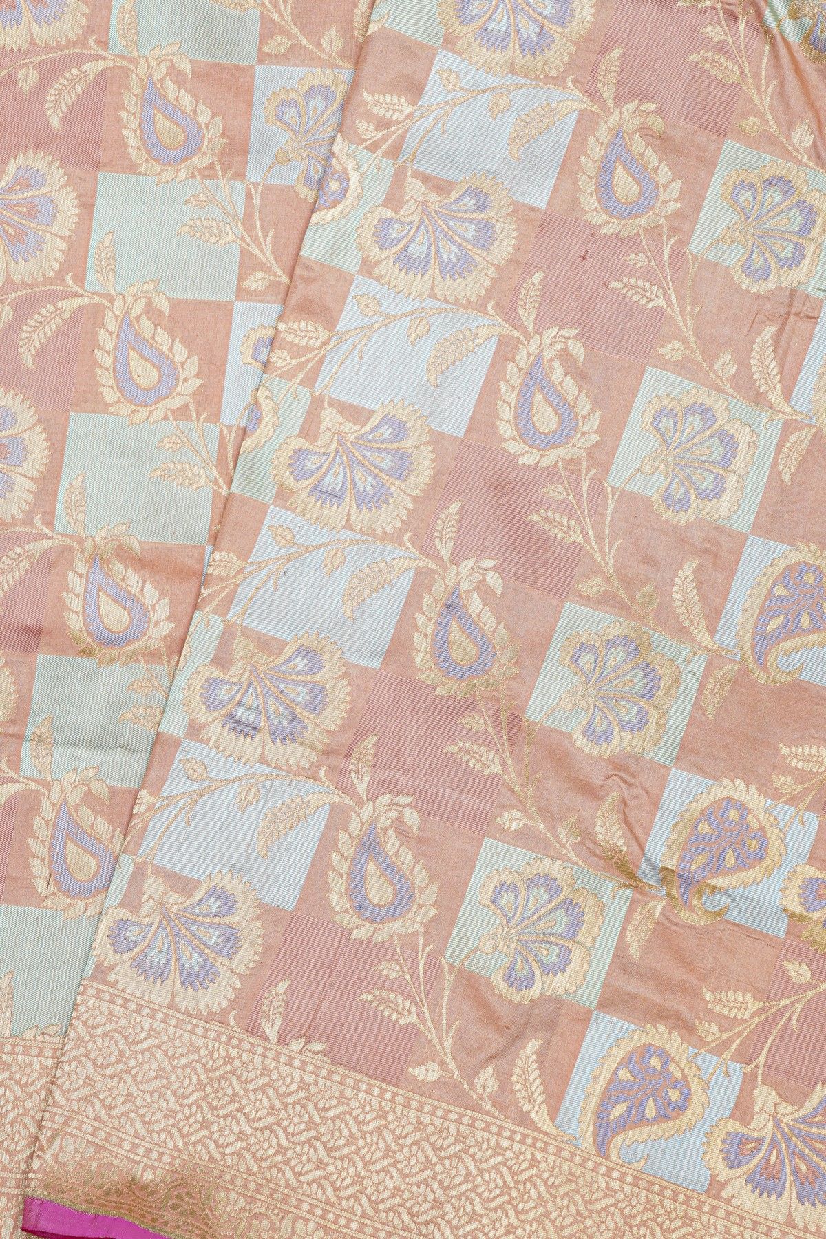Banarasi Silk Baby Pink Saree With Florals And Leaves Body