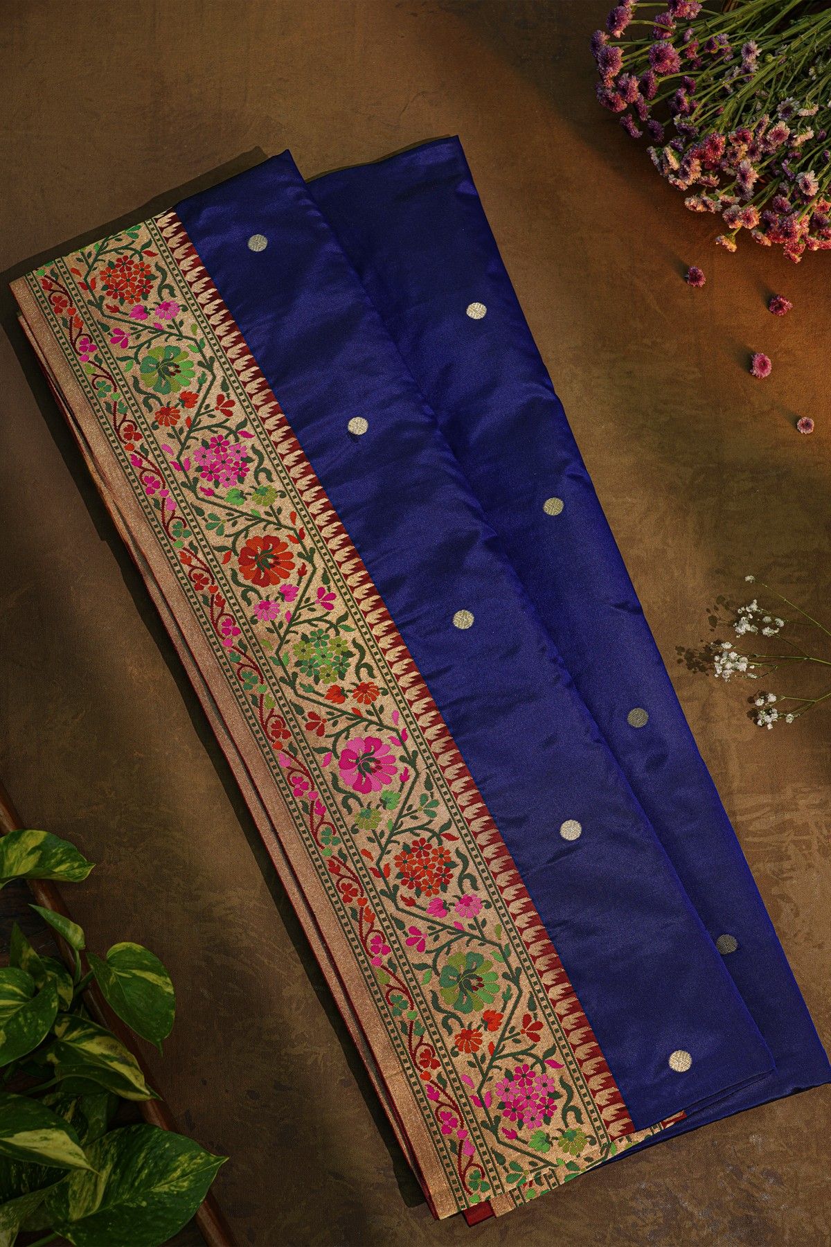 Banarasi Cotton Navy Blue Saree With Zari Buttis