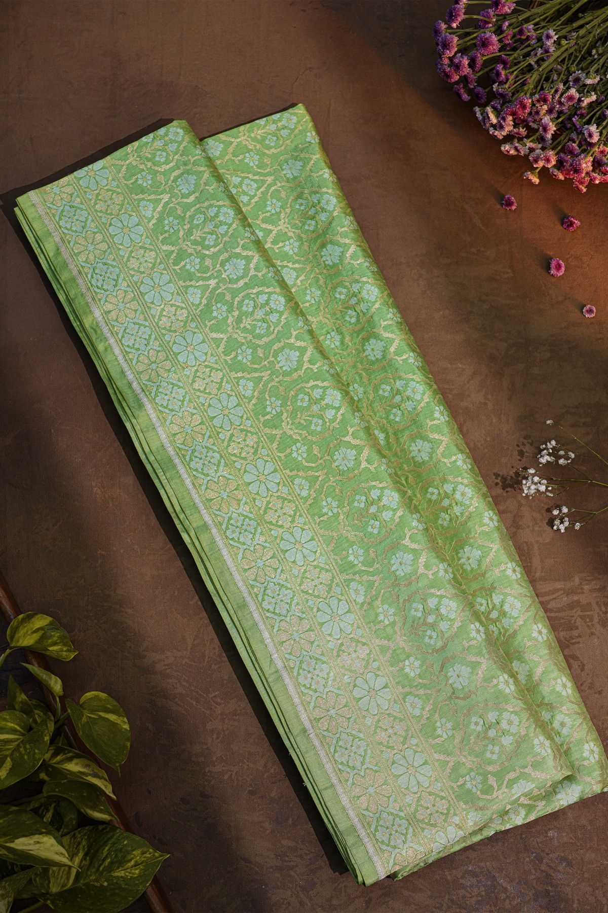 Banarasi Silk Sea Green Saree With Floral Brocade Pallu