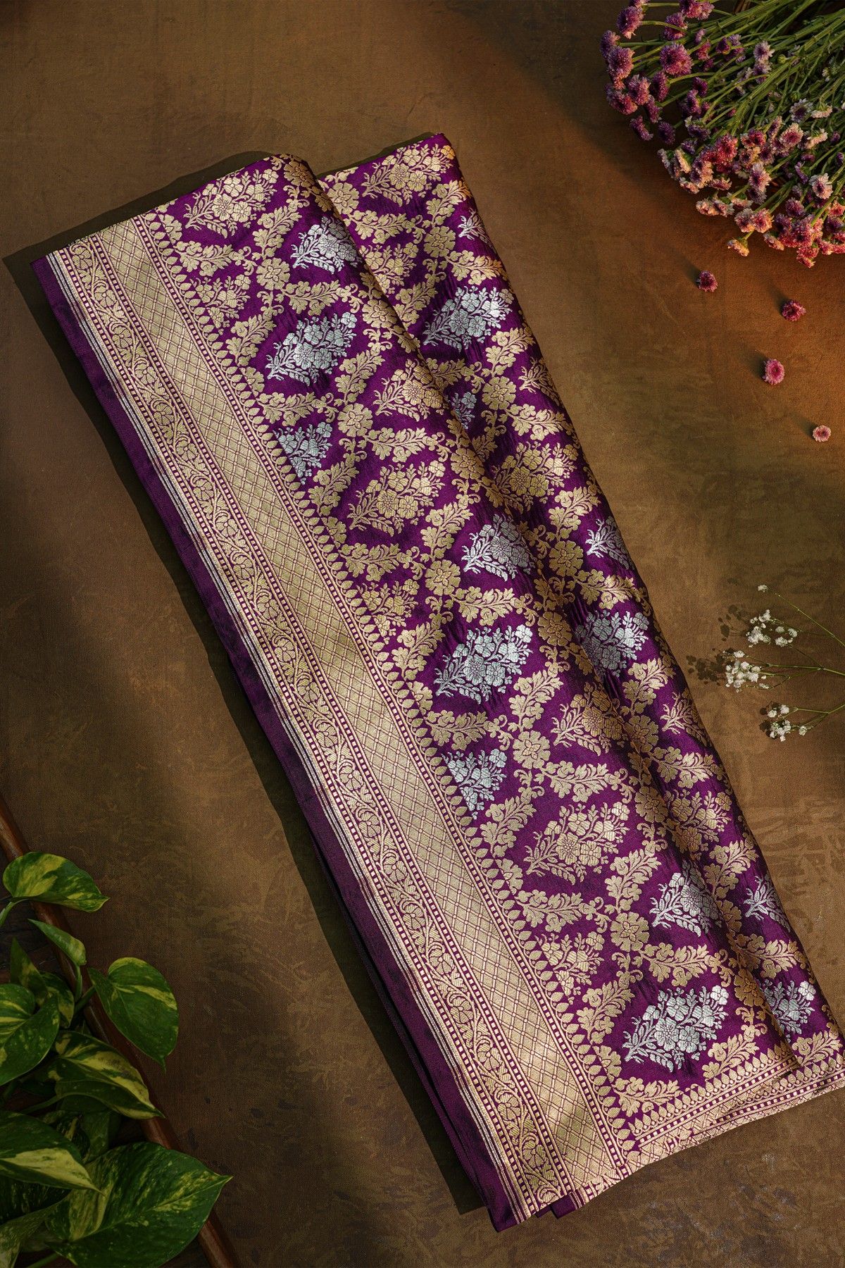 Banarasi Silk Purple Saree With Floral Brocade Pallu