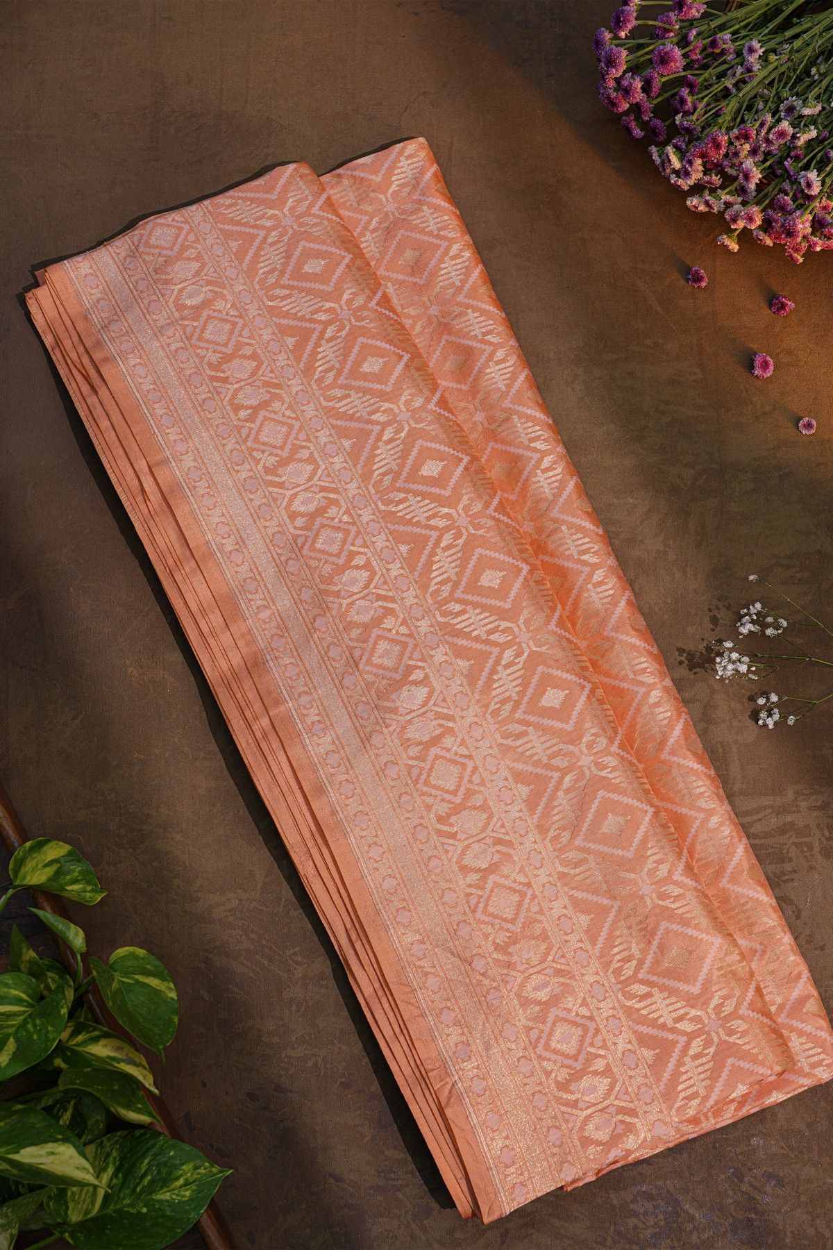 Banarasi Silk Peach Saree With Floral Brocade Palluu