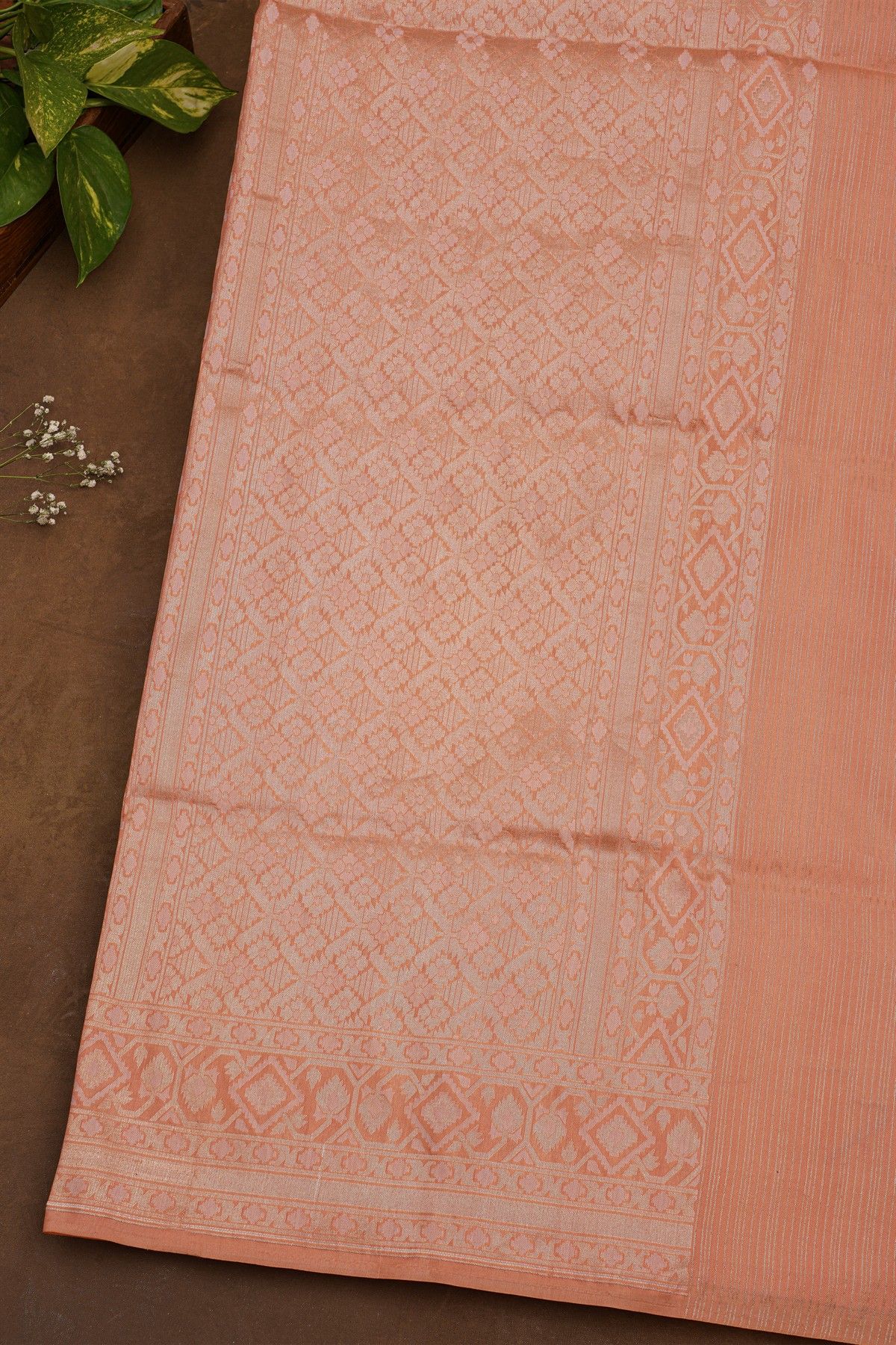Banarasi Silk Peach Saree With Floral Brocade Palluu