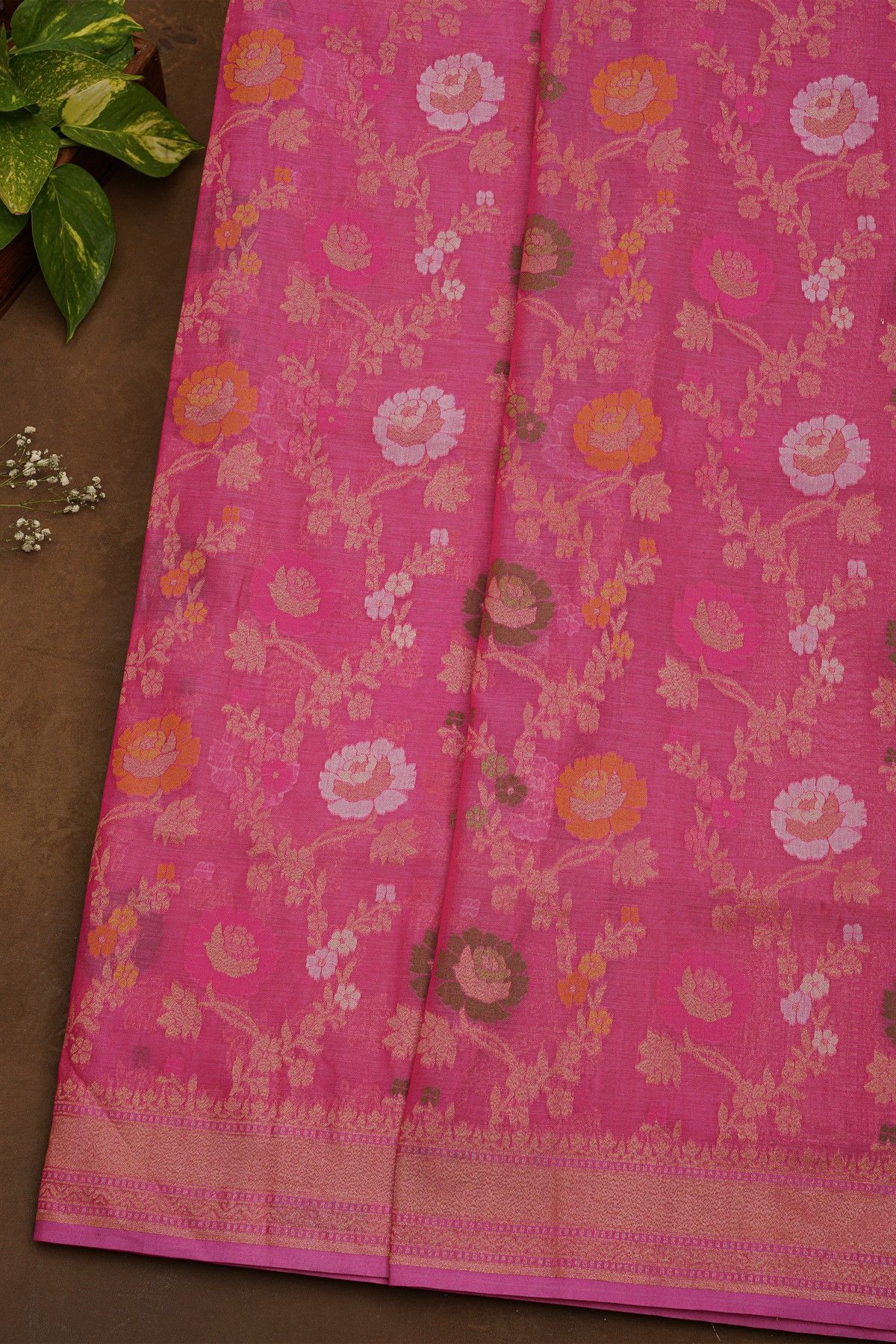 Banarasi Cotton Pink Saree With Kaddi Work border