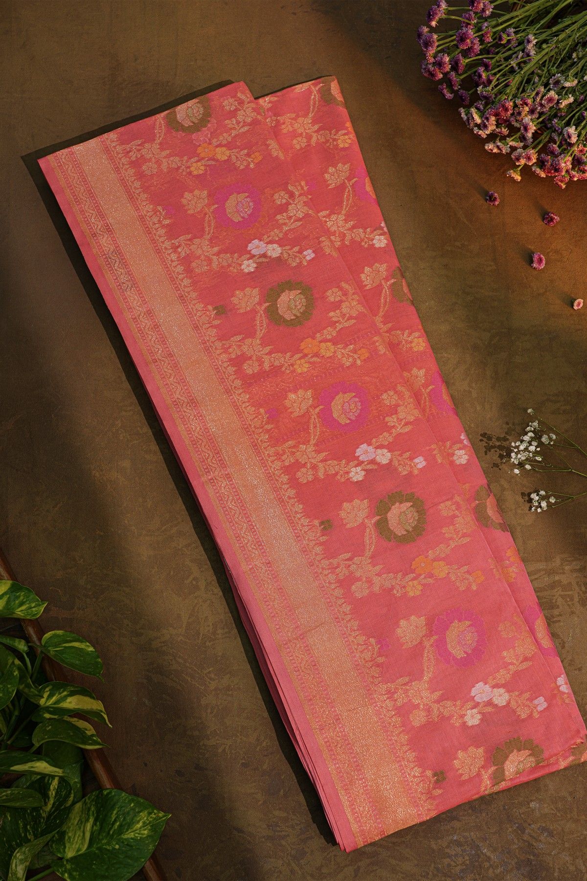 Banarasi Cotton Dual Colour Saree With Kaddi Work Border
