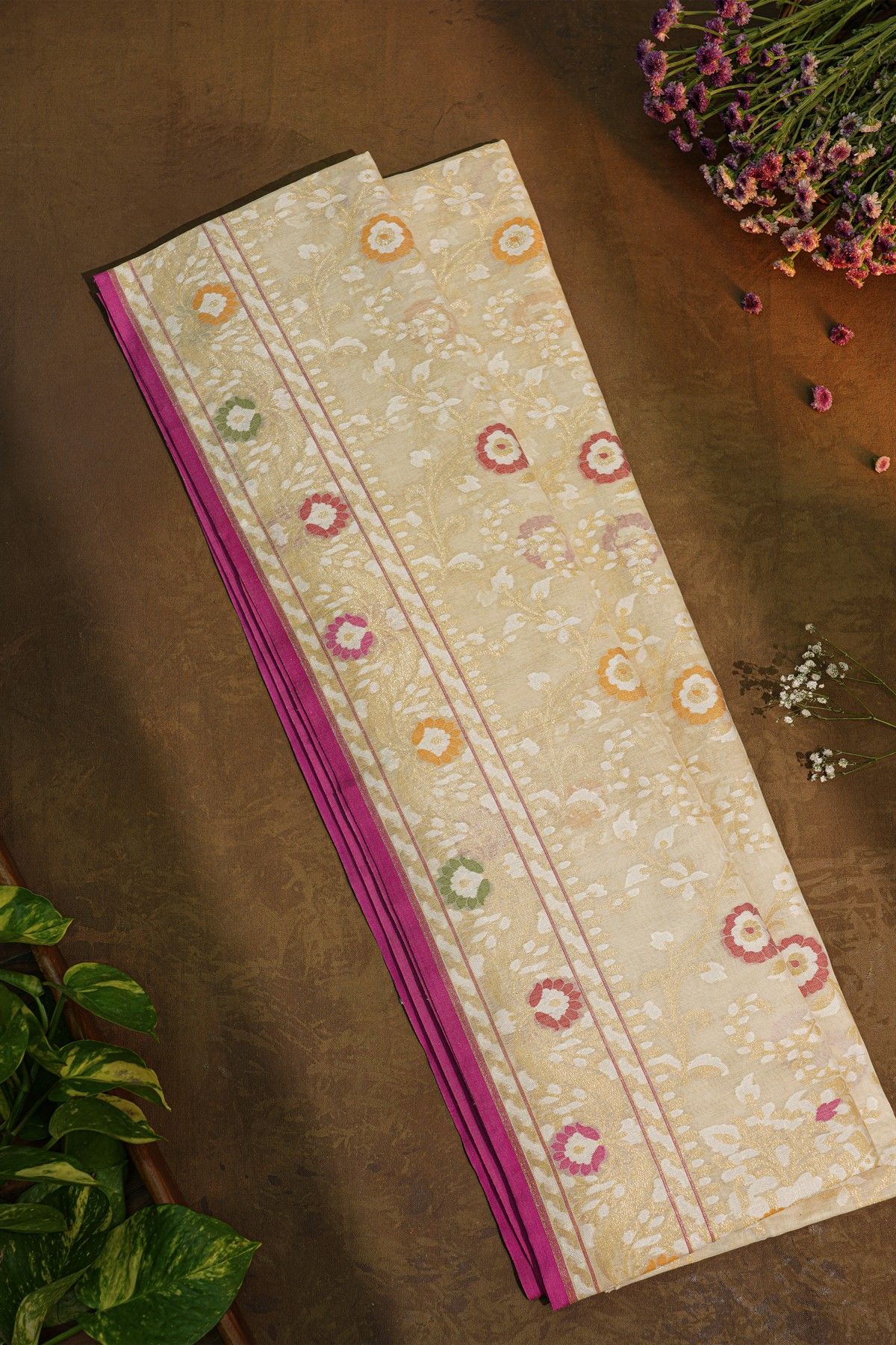 Banarasi Cotton Off White Saree With Florals And Leaves Border