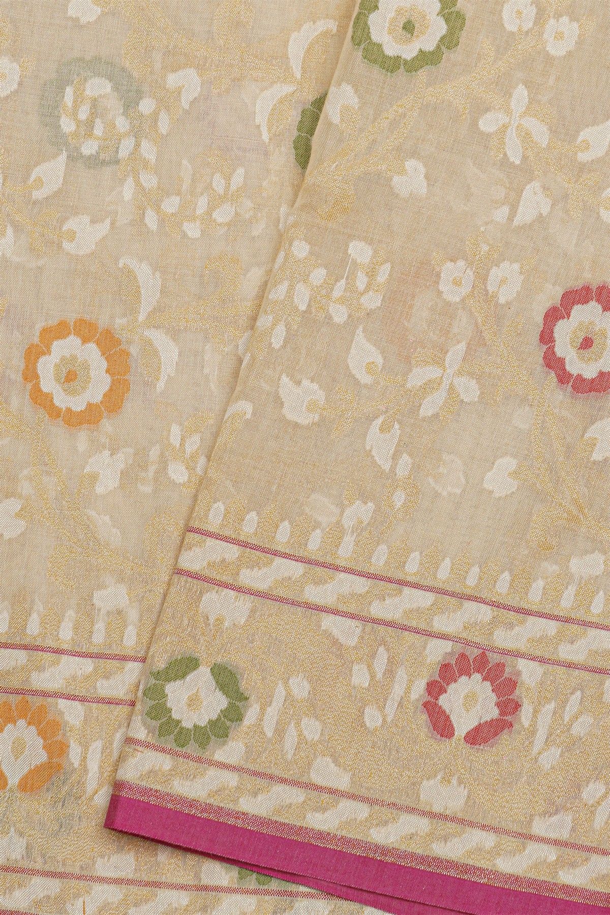 Banarasi Cotton Off White Saree With Florals And Leaves Border