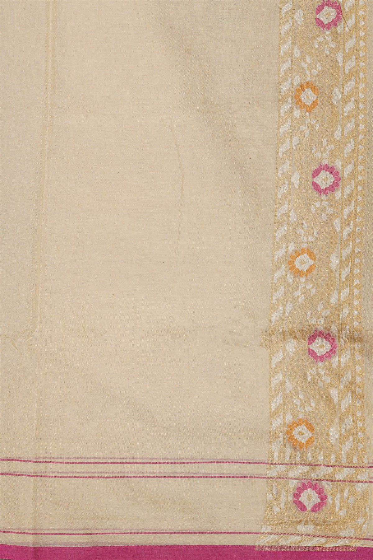 Banarasi Cotton Off White Saree With Florals And Leaves Border