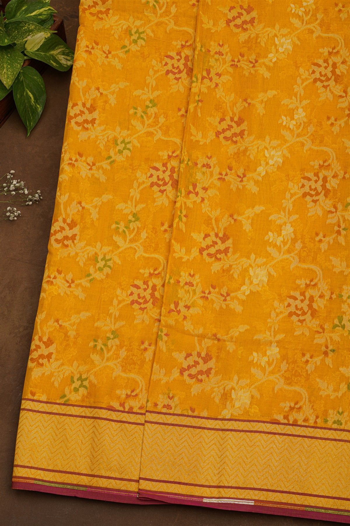 Banarasi Cotton Orange Florals And Leaves Self Border Saree