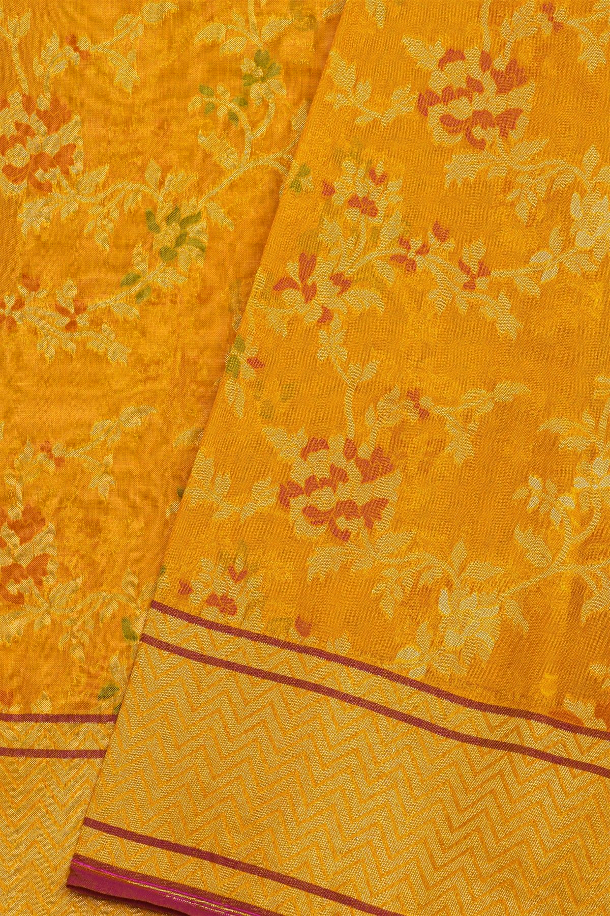 Banarasi Cotton Orange Florals And Leaves Self Border Saree