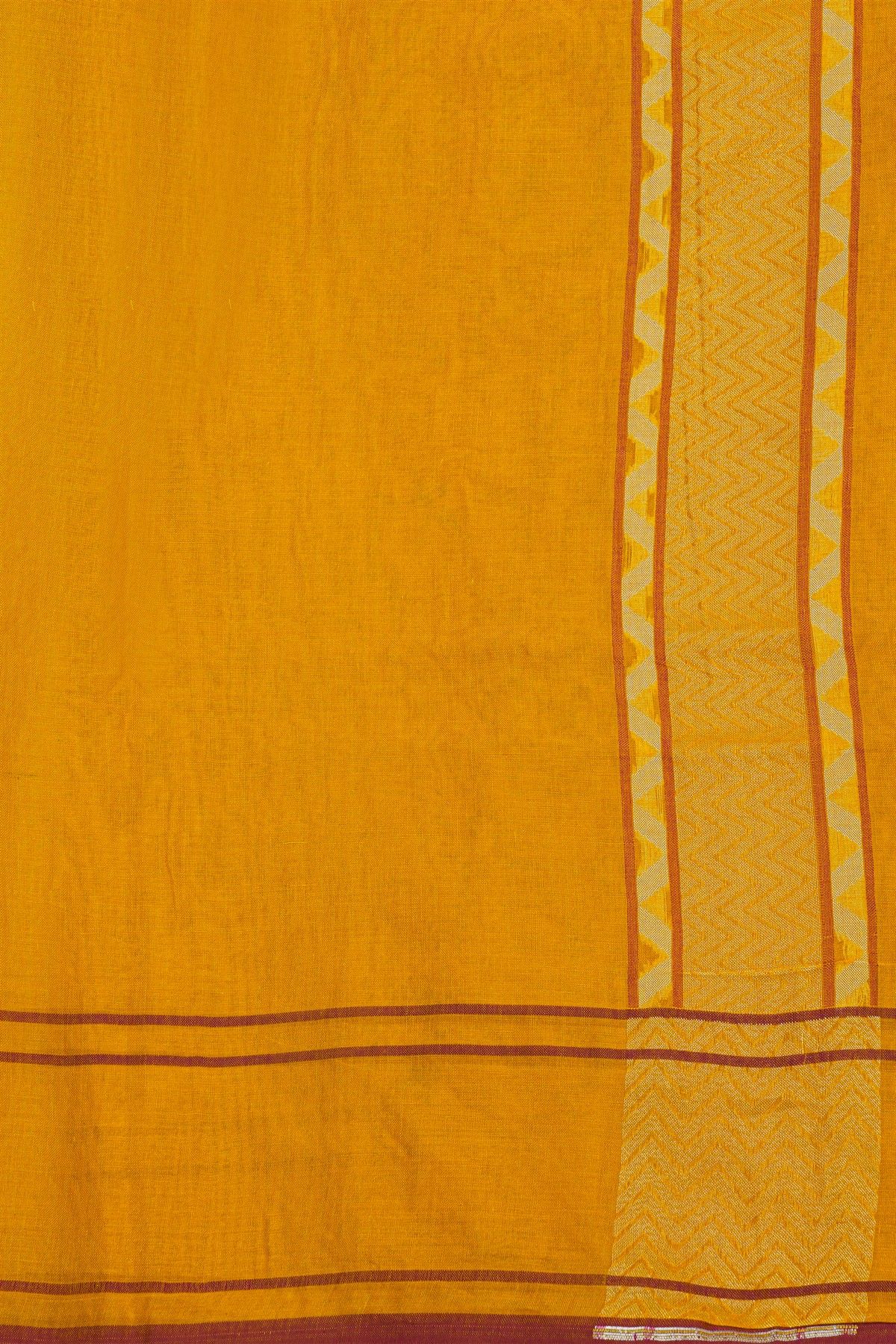 Banarasi Cotton Orange Florals And Leaves Self Border Saree