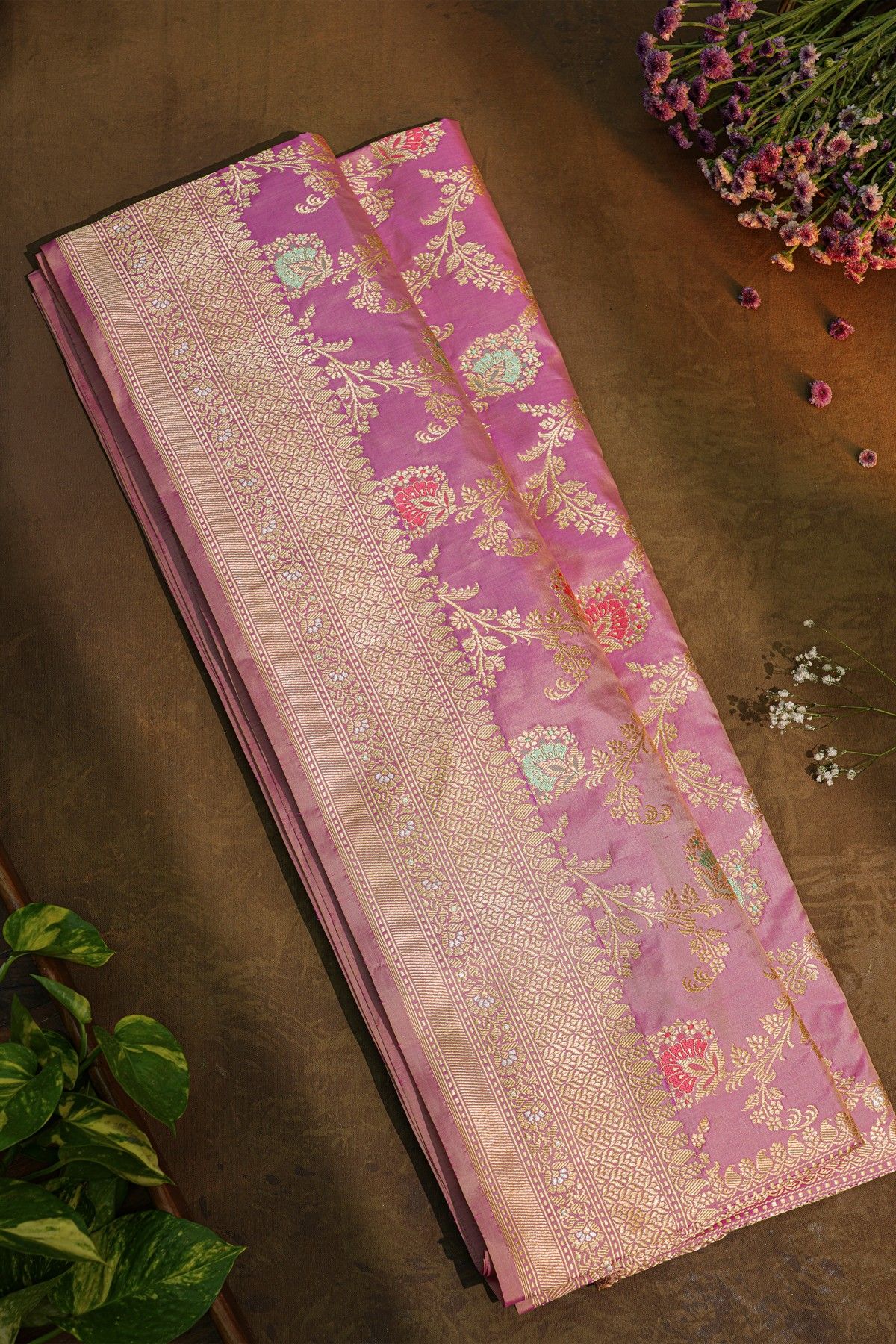 Banarasi Silk Pink Saree With Meenakari Pallu