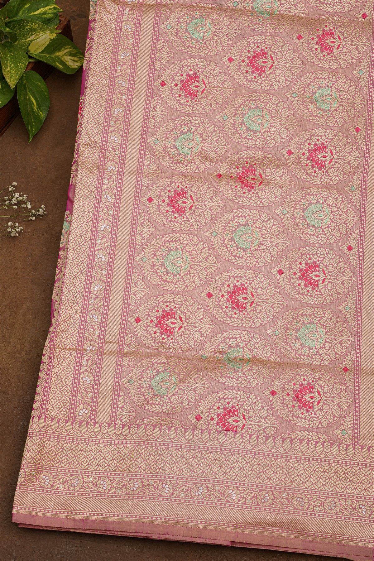Banarasi Silk Pink Saree With Meenakari Pallu