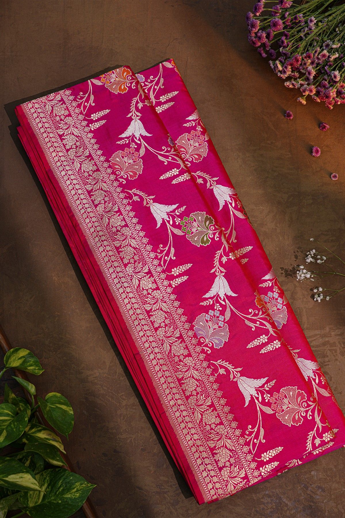 Banarasi Silk Magenta Saree with Meenakari Floral Jaal & Zari Border