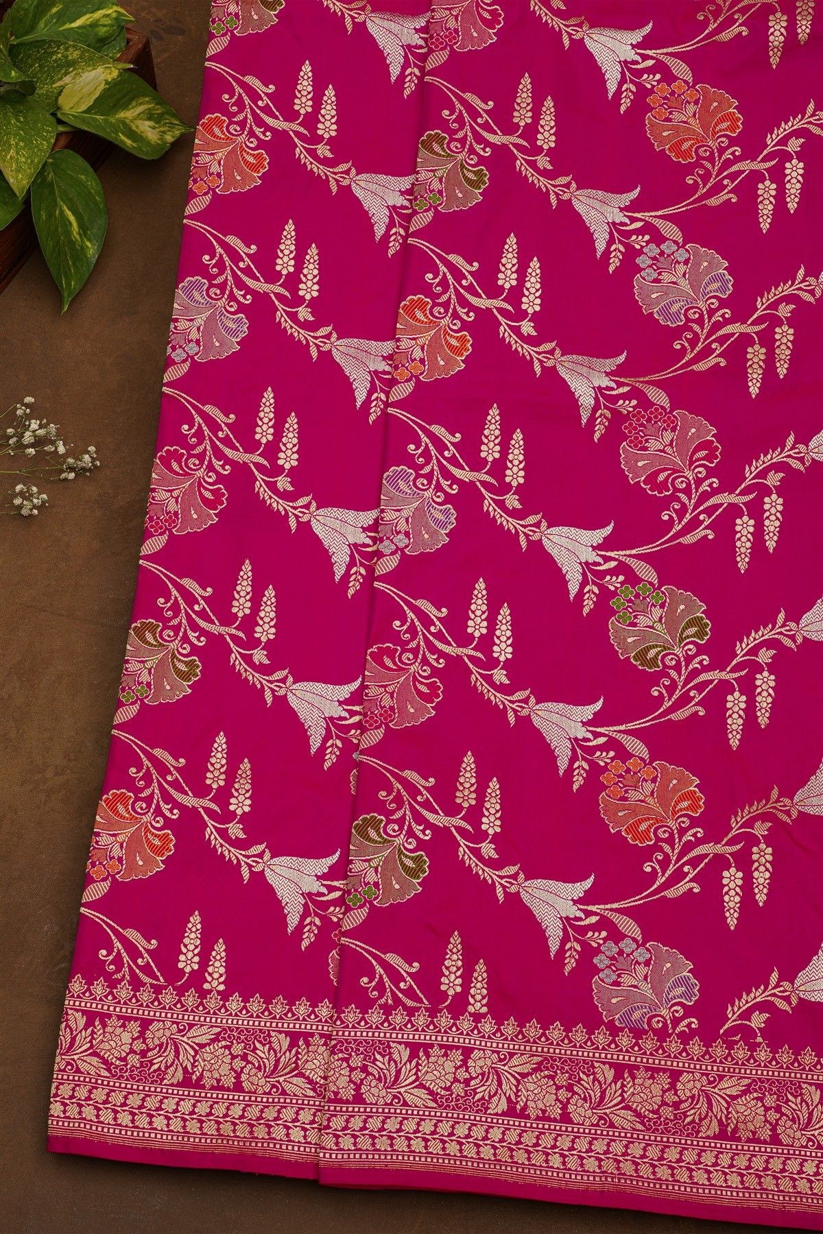 Banarasi Silk Magenta Saree with Meenakari Floral Jaal & Zari Border