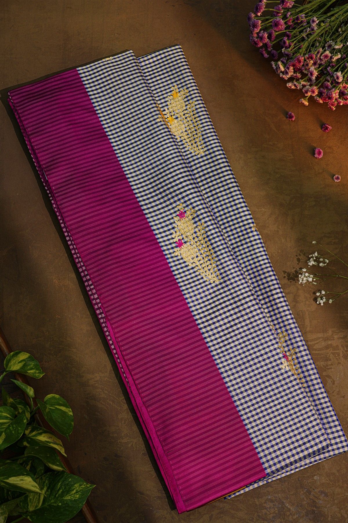 Banarasi Silk Multi-Colour Saree With Checks and Florals In Meenakari