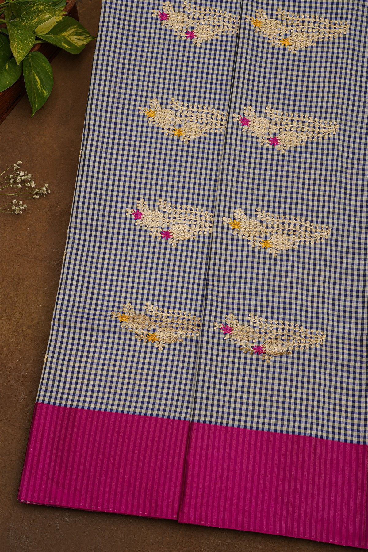 Banarasi Silk Multi-Colour Saree With Checks and Florals In Meenakari