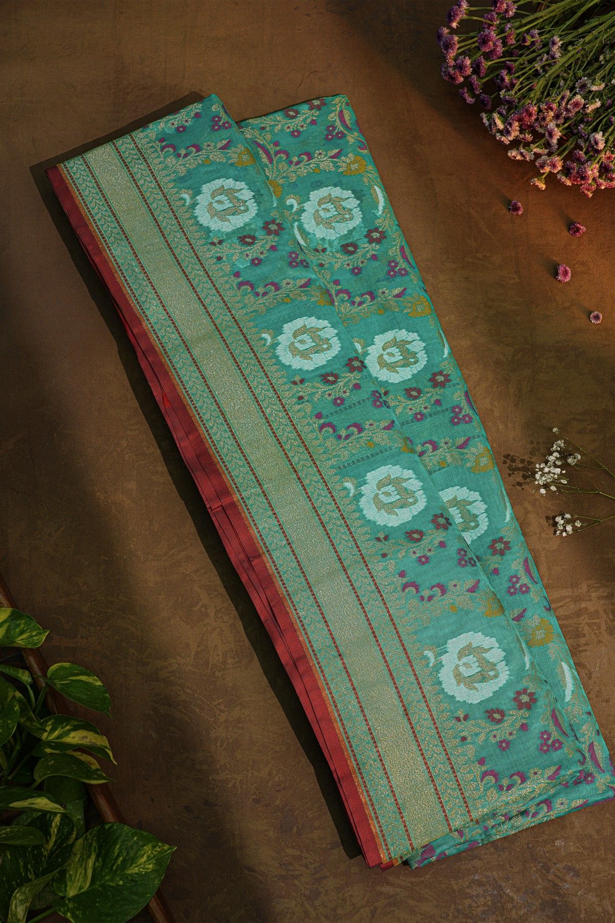 Banarasi Cotton Sea Green Saree With Kaddi Pallu