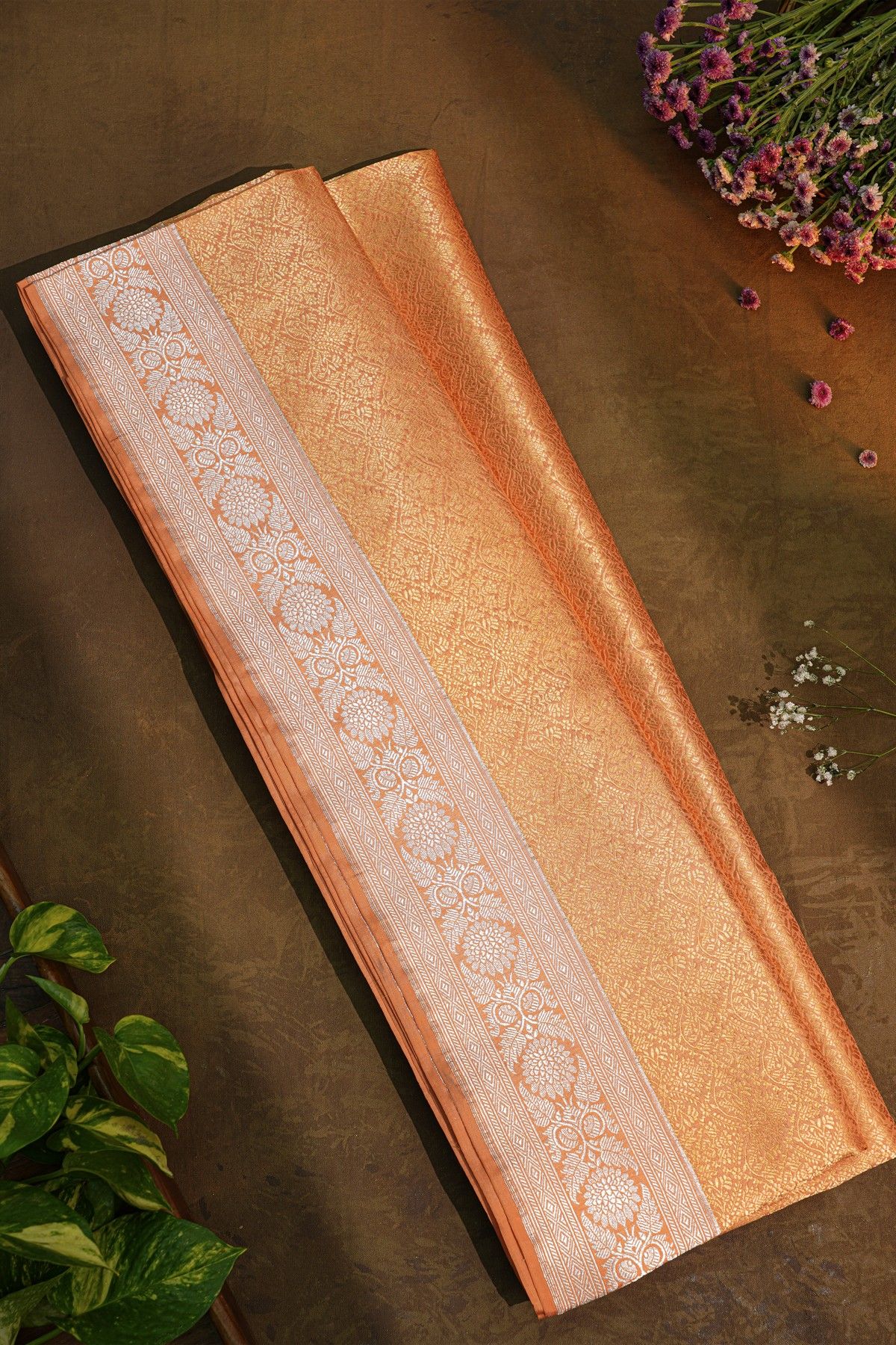 Banarasi Silk Light Orange Saree With Floral Brocade Pallu