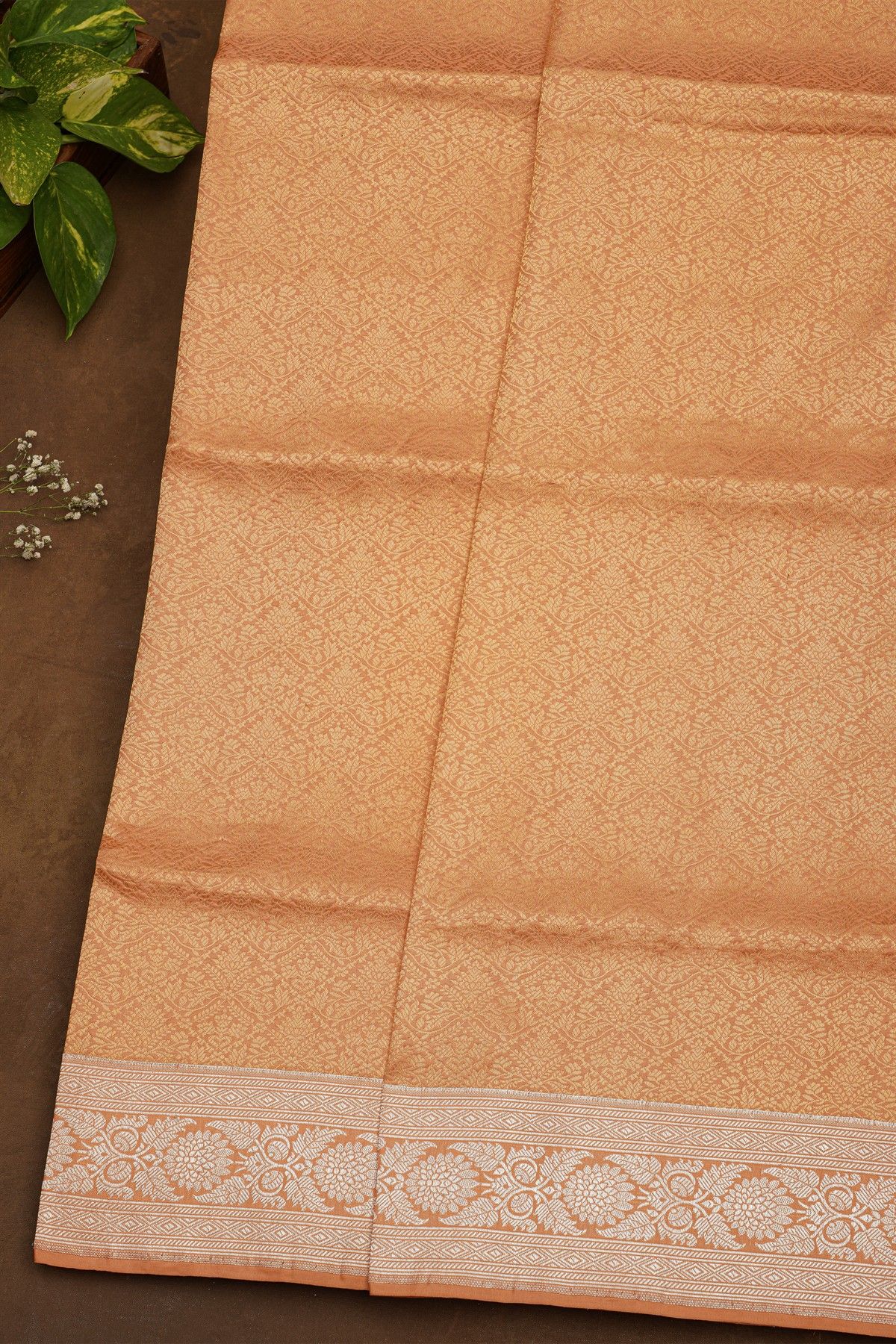 Banarasi Silk Light Orange Saree With Floral Brocade Pallu