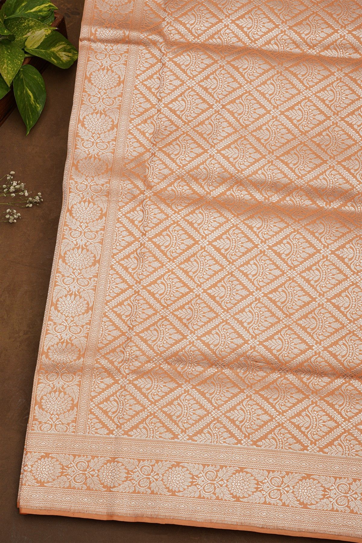 Banarasi Silk Light Orange Saree With Floral Brocade Pallu