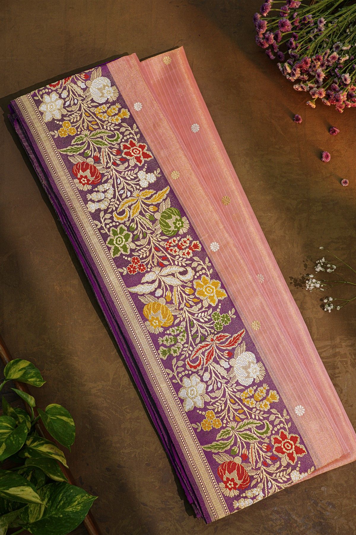 Banarasi Silk Peach Saree WIth Meenakari Border