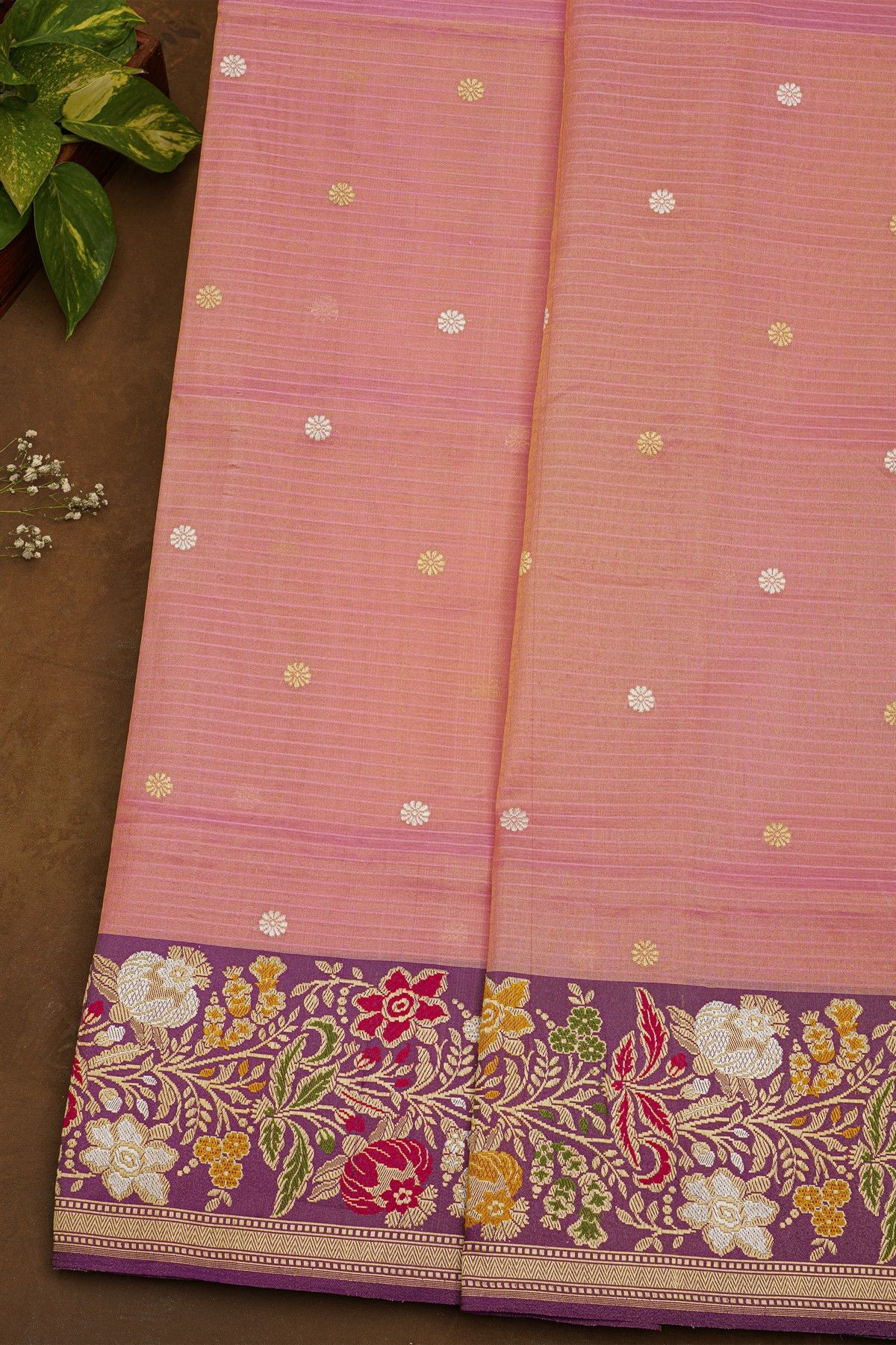 Banarasi Silk Peach Saree WIth Meenakari Border