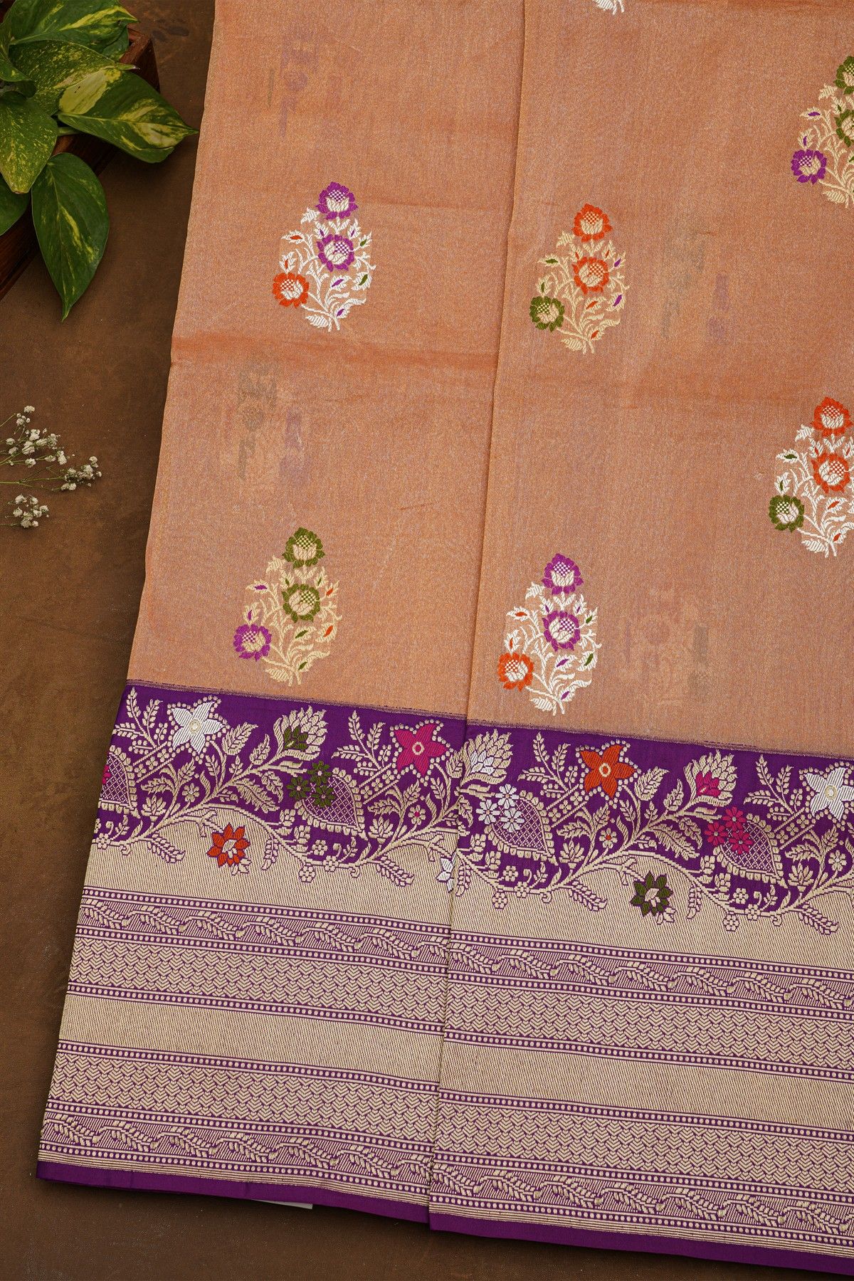 Banarasi Silk Peach Saree With Florals And Leaves In Meenakari