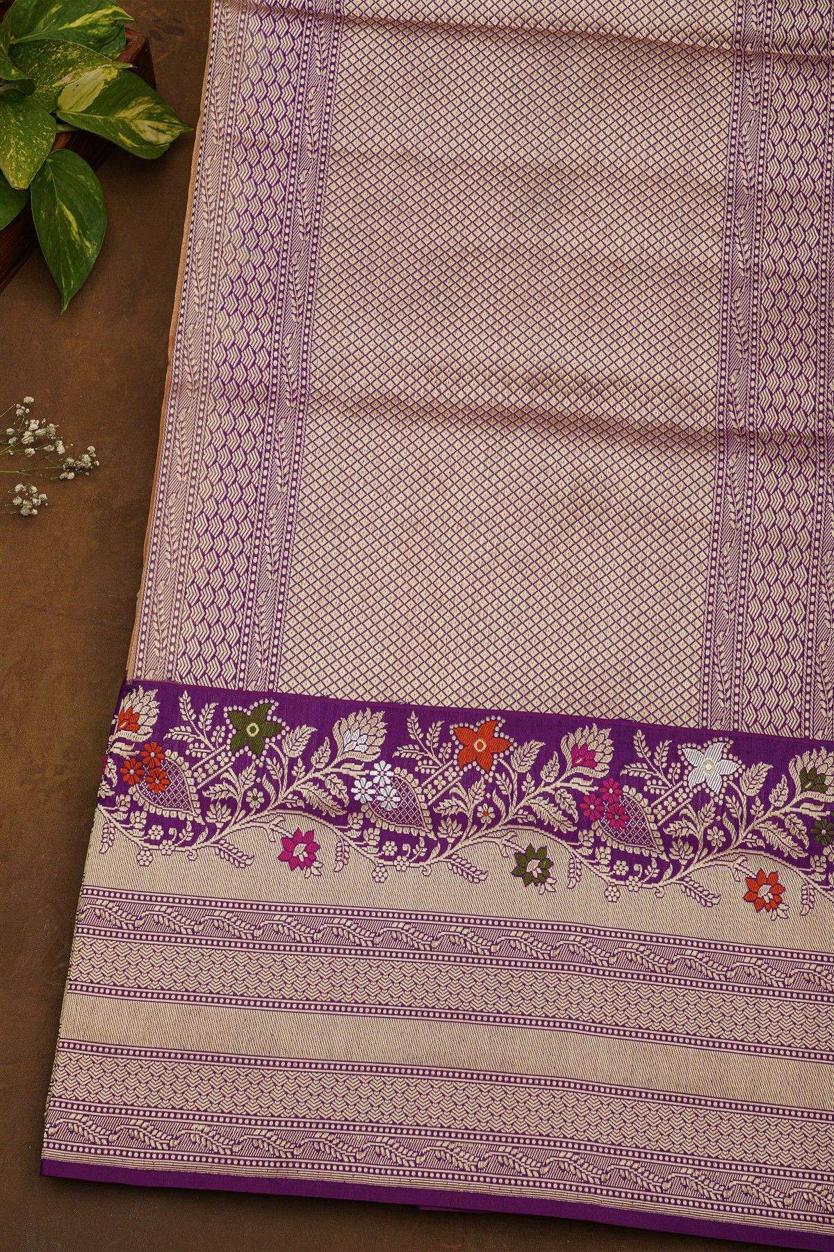 Banarasi Silk Peach Saree With Florals And Leaves In Meenakari