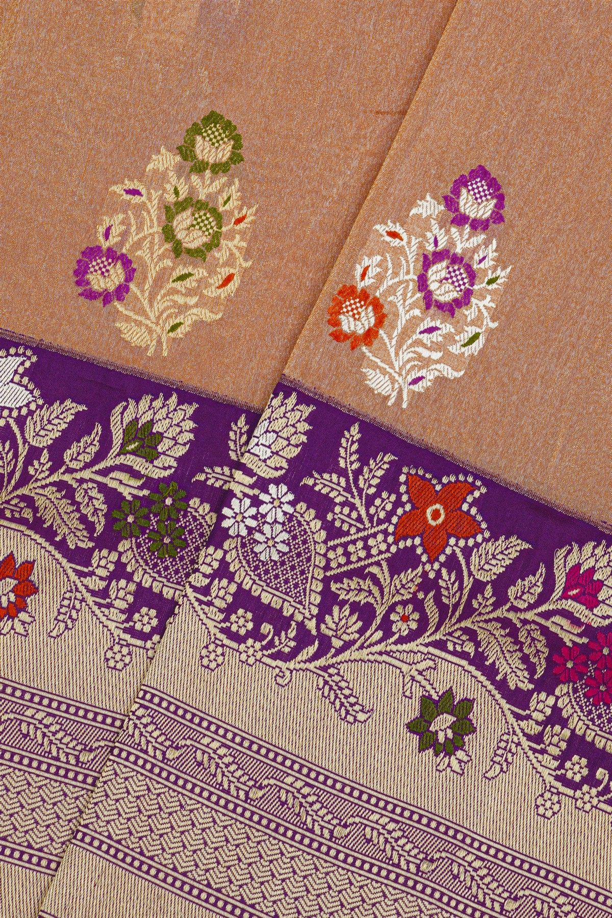 Banarasi Silk Peach Saree With Florals And Leaves In Meenakari