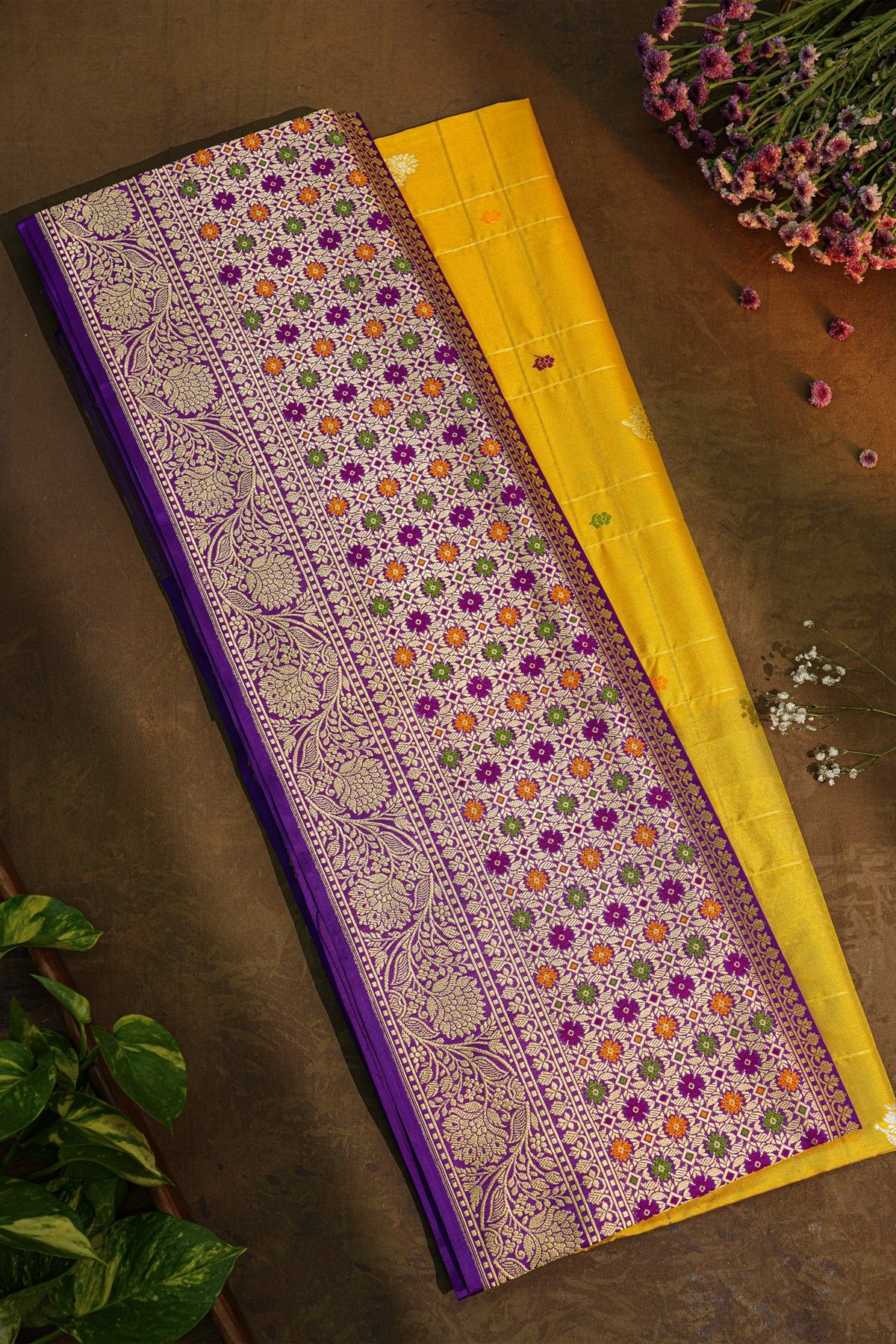 Banarasi Silk Yellow Saree With Meenakari Border