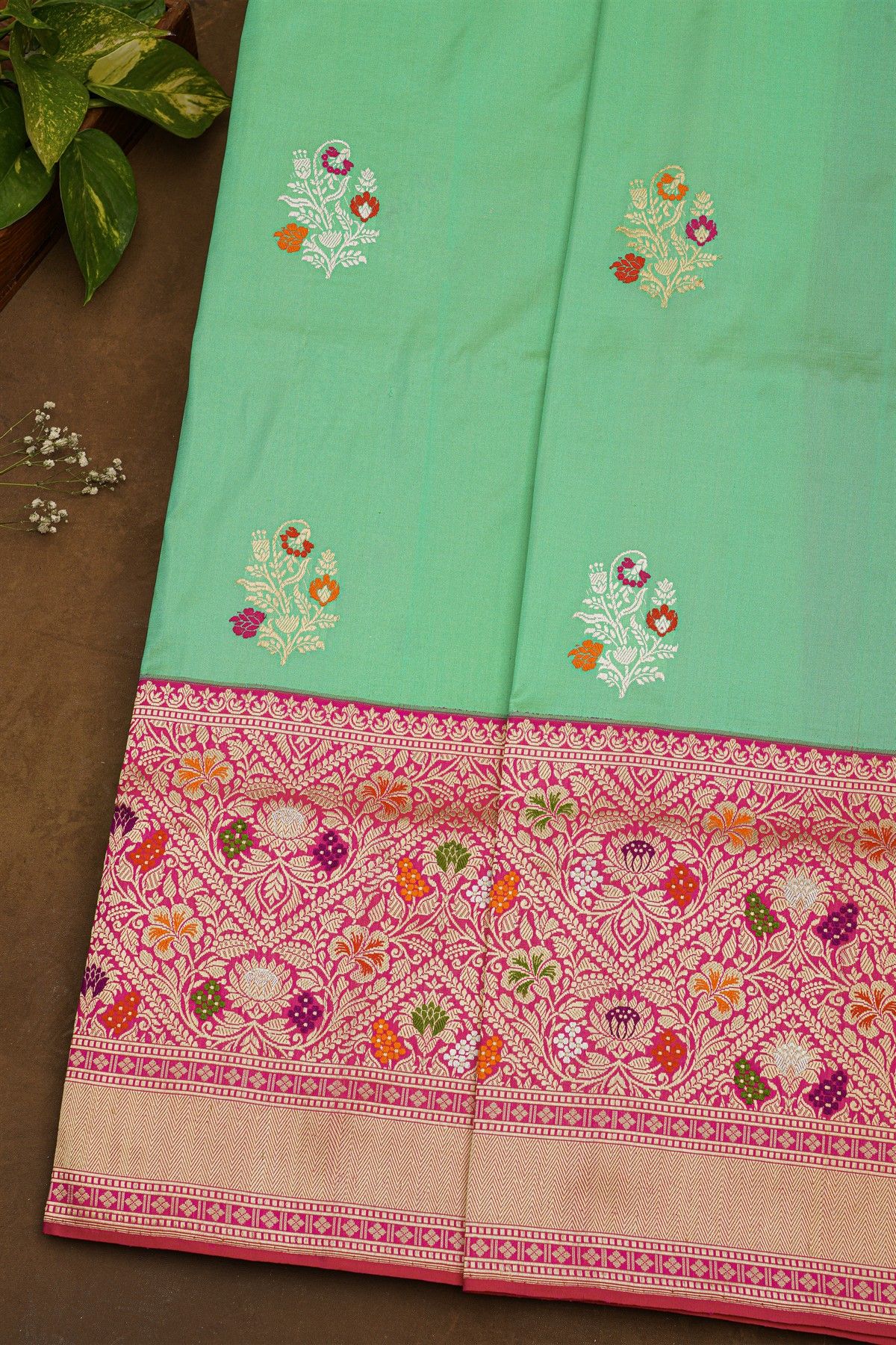 Banarasi Silk Sea Green Saree With Meenakari Border