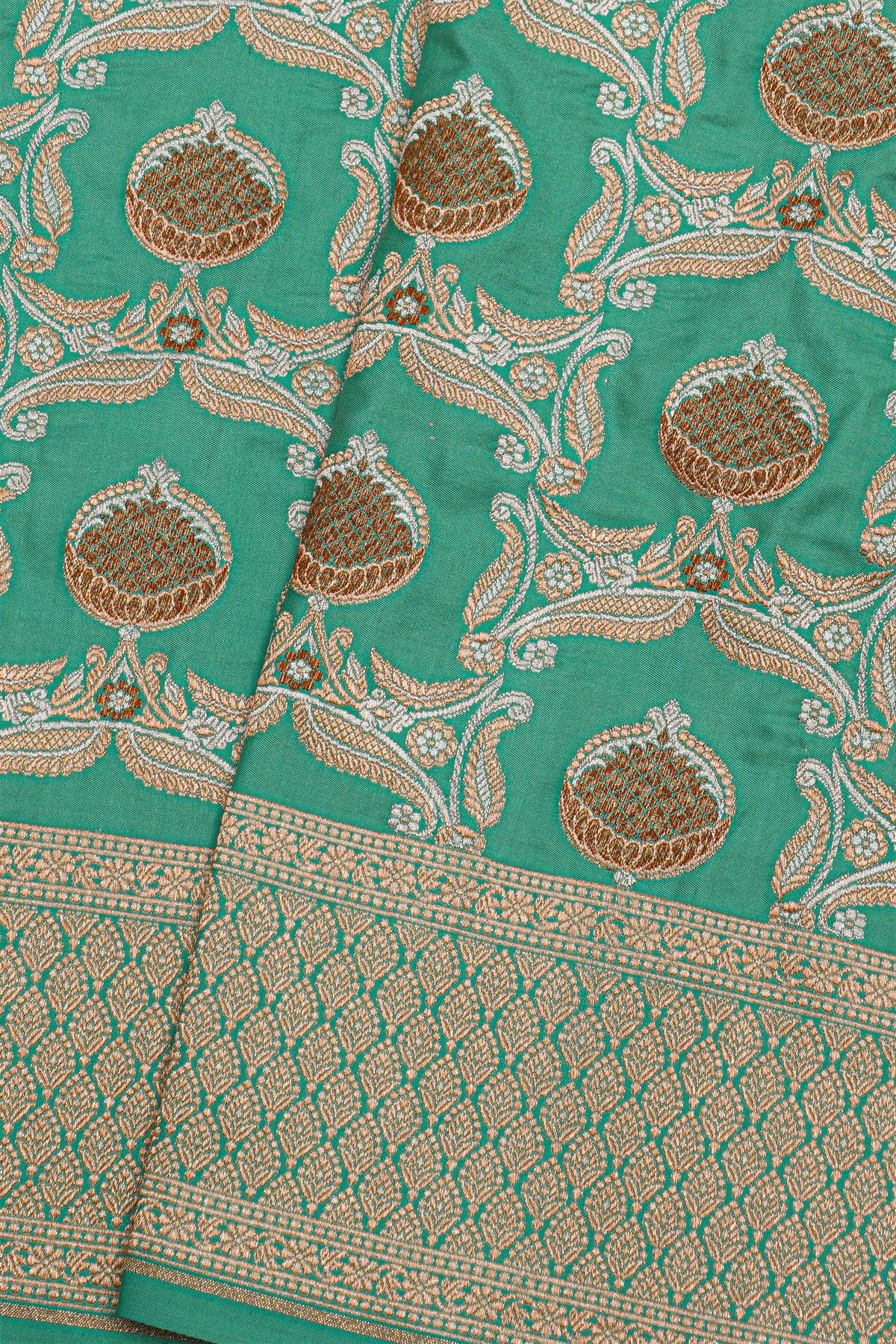 Banarasi Silk Sea Green Saree With Florals And Leaves Border