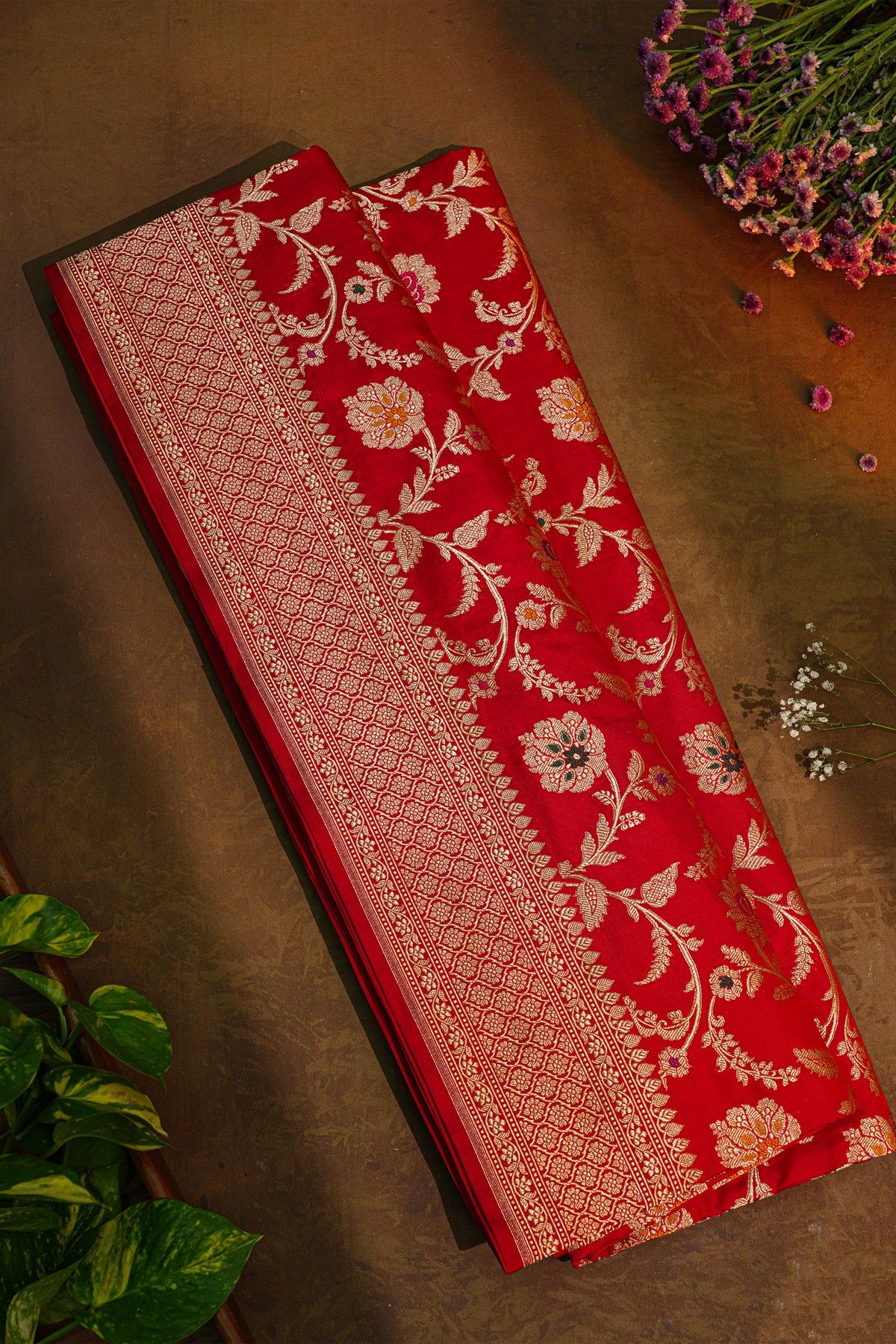 Banarasi Silk Red Saree With Florals And Leaves Jaal Border