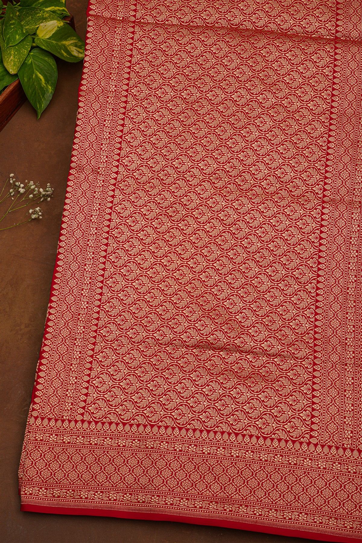 Banarasi Silk Red Saree With Florals And Leaves Jaal Border