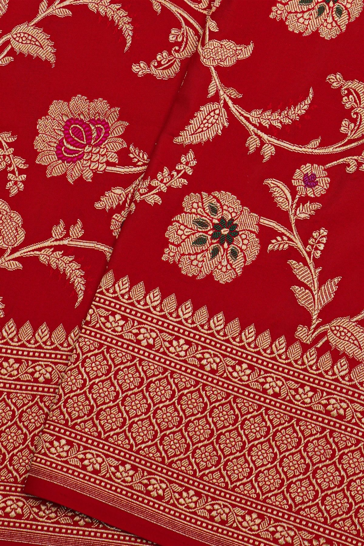 Banarasi Silk Red Saree With Florals And Leaves Jaal Border