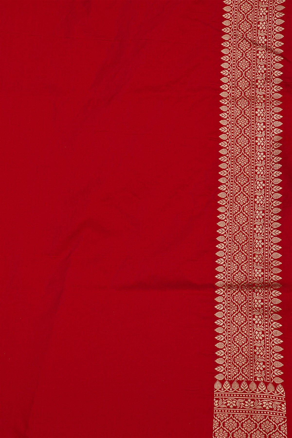 Banarasi Silk Red Saree With Florals And Leaves Jaal Border