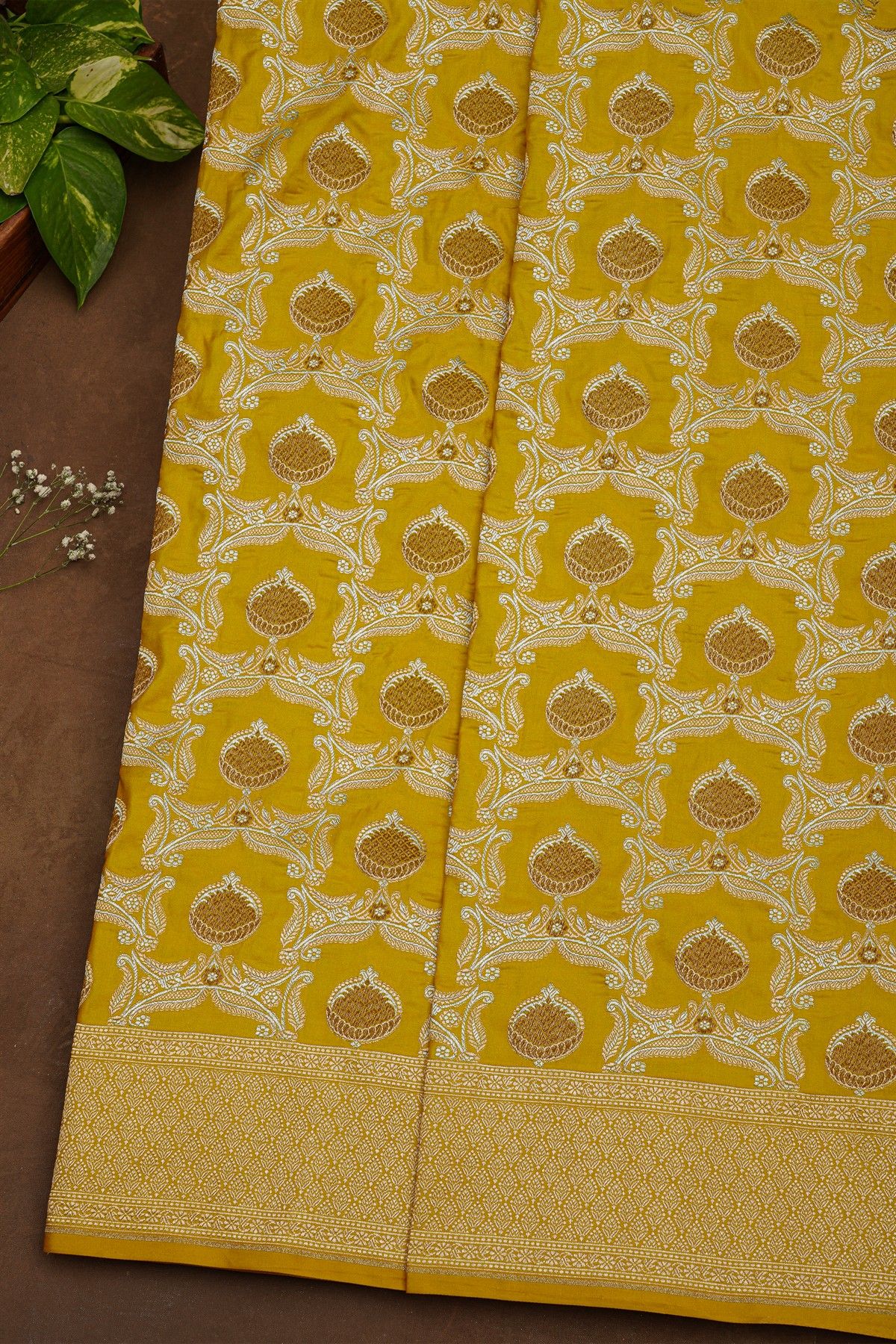 Banarasi Silk Mustard Saree With Florals With Leaves Jaal Border