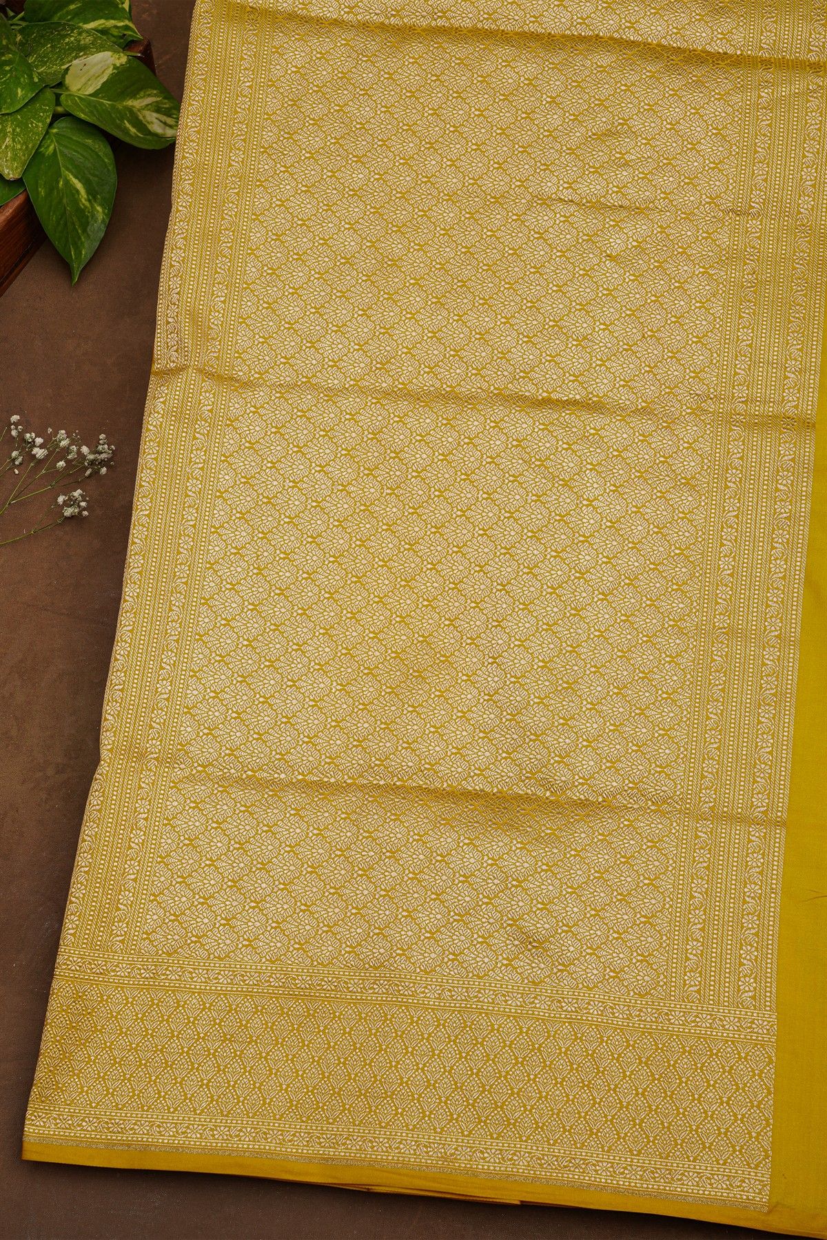 Banarasi Silk Mustard Saree With Florals With Leaves Jaal Border