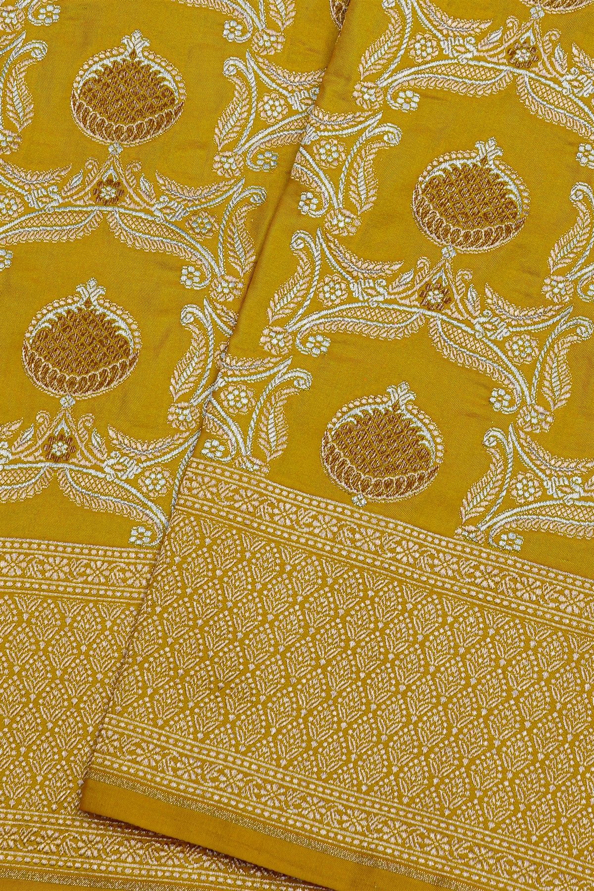 Banarasi Silk Mustard Saree With Florals With Leaves Jaal Border