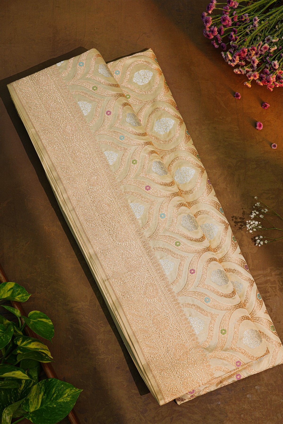 Banarasi Silk Beige Saree With Florals And Leaves Jaal Border